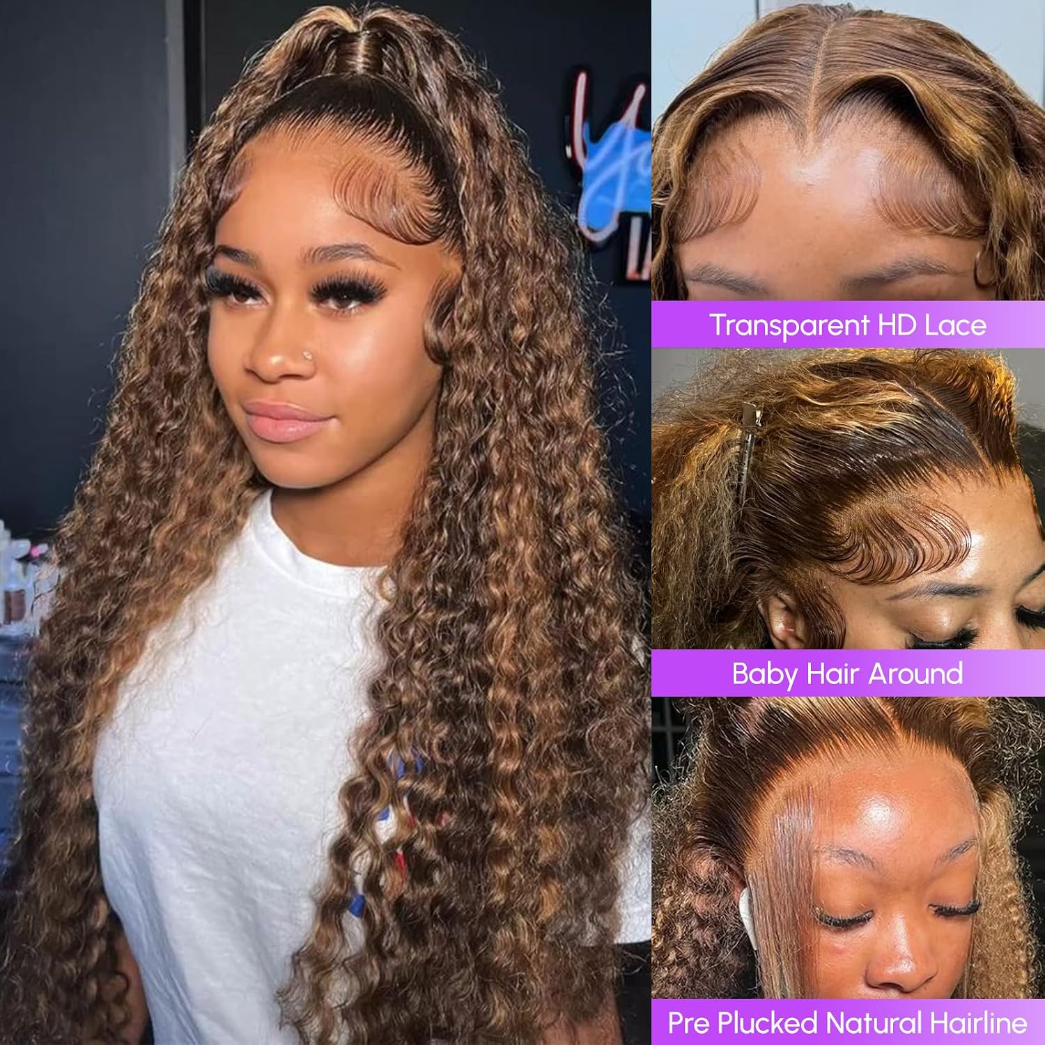 NOELLA Honey Blonde Wig Human Hair Water Wave 13x6 Lace Front Wigs 30 Inch | P4/27 Highlight Curly Human Hair Wig. 200 Density Pre-Plucked Ombre Lace Frontal Wigs. 100% Human Hair Water Wave Wig