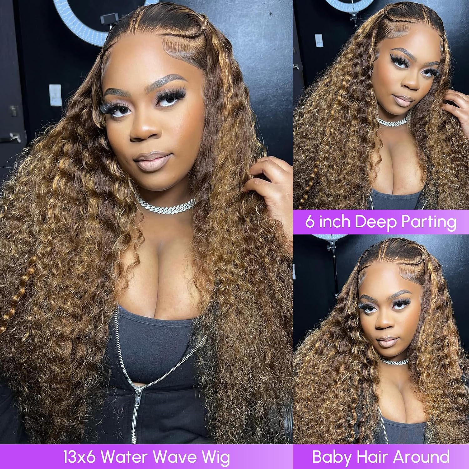 NOELLA Honey Blonde Wig Human Hair Water Wave 13x6 Lace Front Wigs 30 Inch | P4/27 Highlight Curly Human Hair Wig. 200 Density Pre-Plucked Ombre Lace Frontal Wigs. 100% Human Hair Water Wave Wig