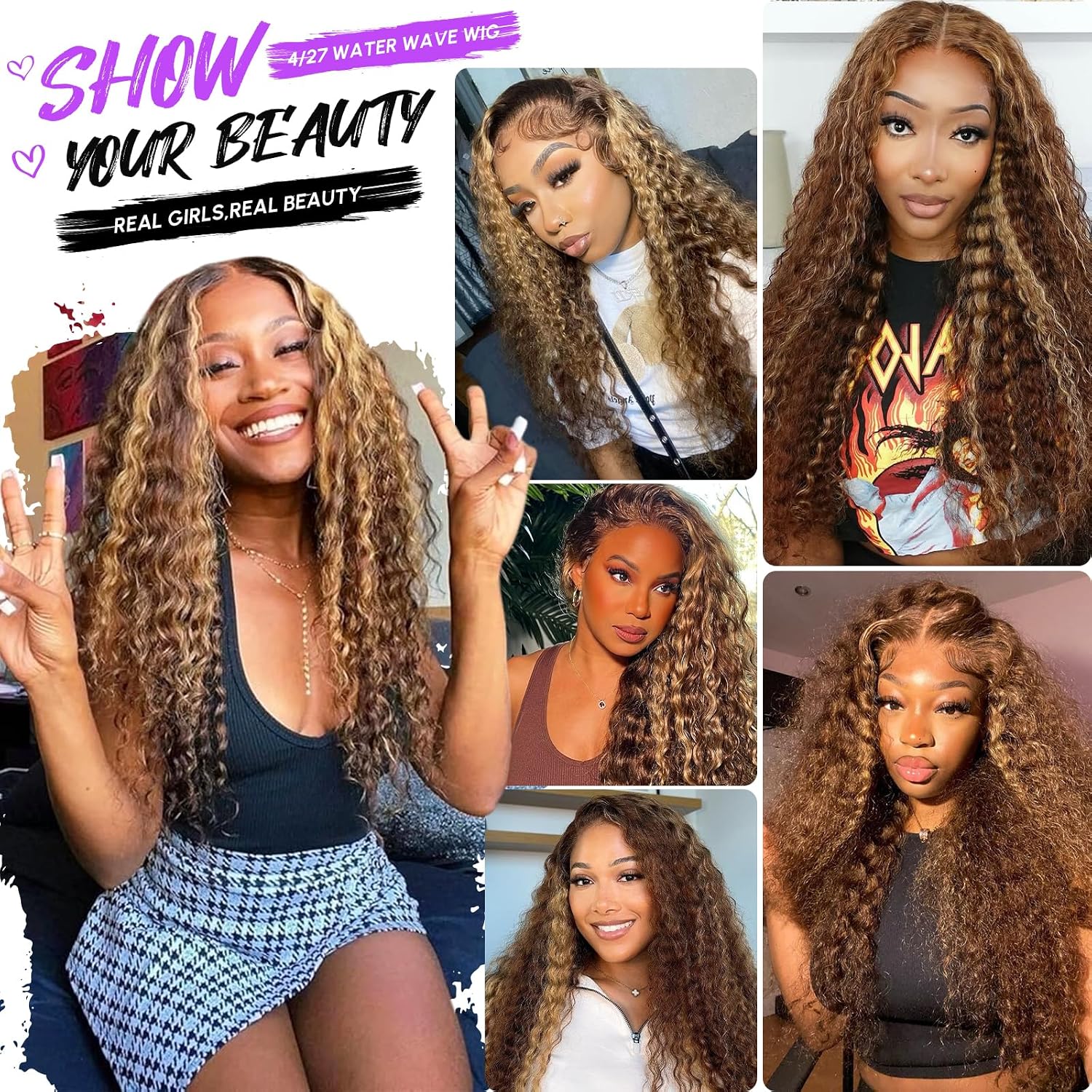 NOELLA Honey Blonde Wig Human Hair Water Wave 13x6 Lace Front Wigs 30 Inch | P4/27 Highlight Curly Human Hair Wig. 200 Density Pre-Plucked Ombre Lace Frontal Wigs. 100% Human Hair Water Wave Wig