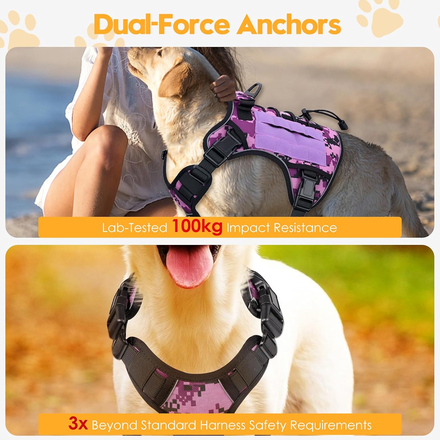 Heavy-Duty Tactical Dog Harness for Large Dogs. No Pull Adjustable Reflective Pet Vest with Molle System. K9 Military-Grade Control for Service Training. Outdoor & 10+ Breeds. Purple Camo. X-Large