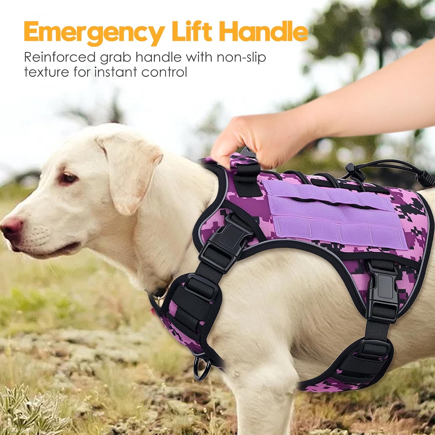 Heavy-Duty Tactical Dog Harness for Large Dogs. No Pull Adjustable Reflective Pet Vest with Molle System. K9 Military-Grade Control for Service Training. Outdoor & 10+ Breeds. Purple Camo. X-Large