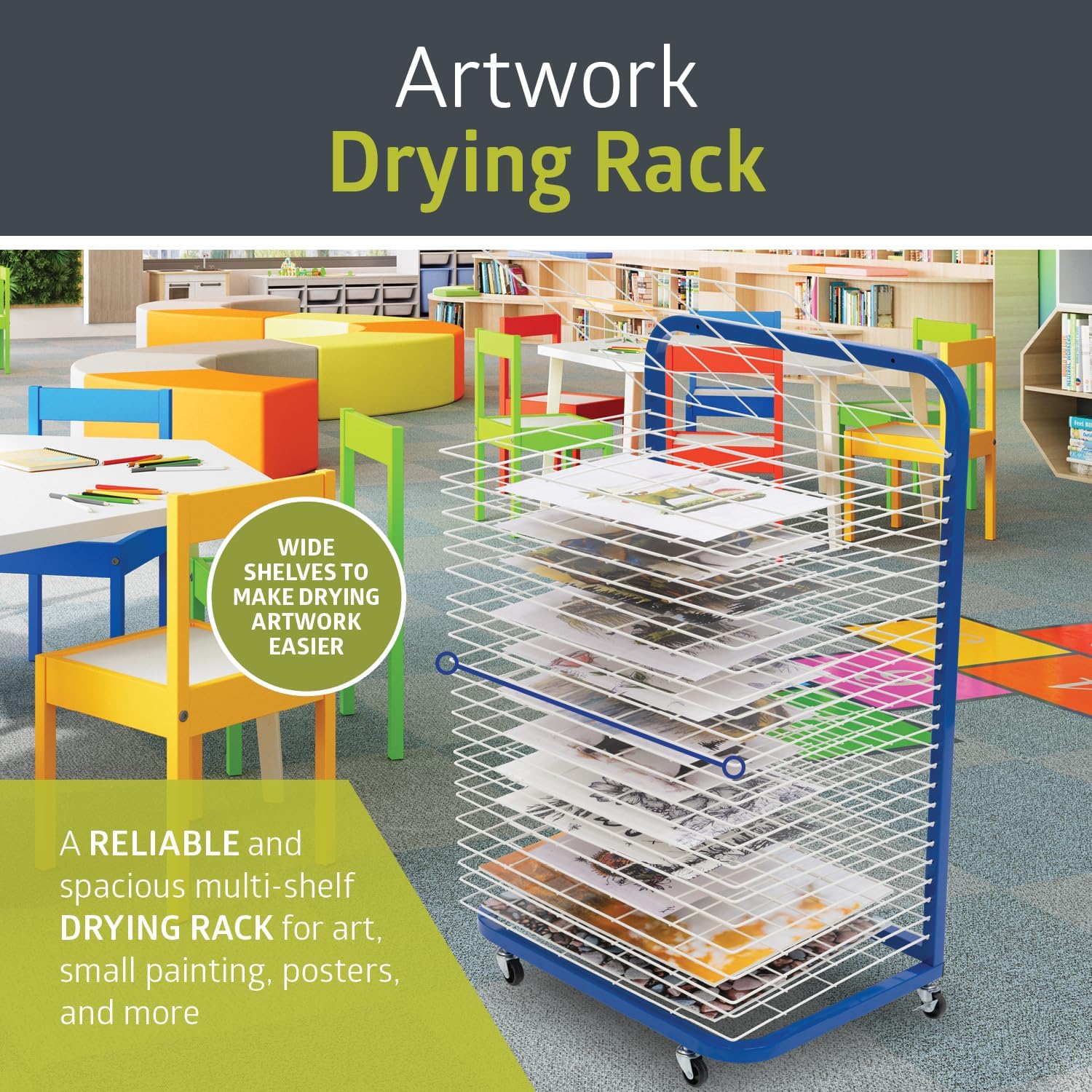 Pearington Mobile 25-Shelf Art Drying Rack for Classrooms and Art Studios. Heavy-Duty Steel Rolling Art Rack Cart with 25 Wide Shelves. Blue