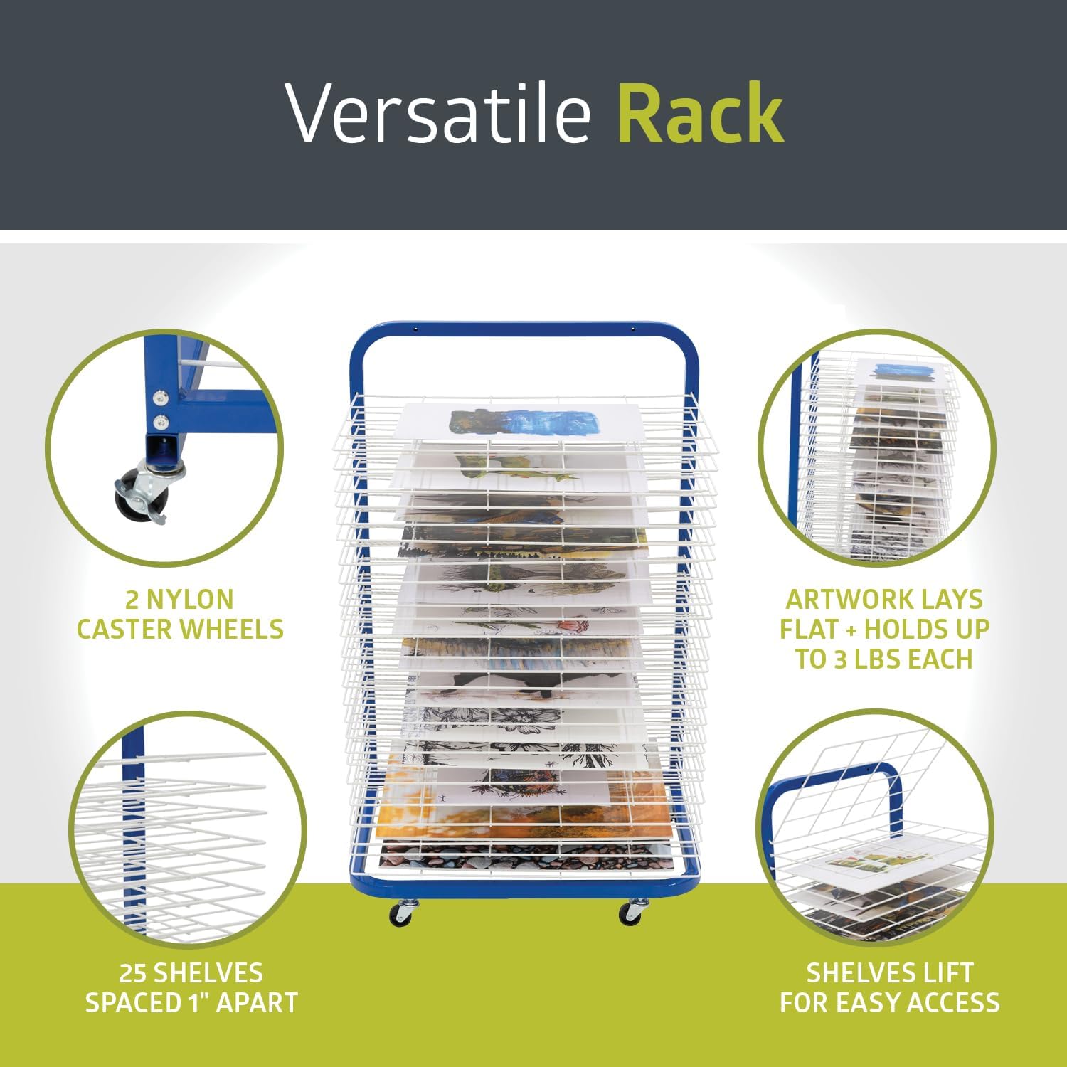 Pearington Mobile 25-Shelf Art Drying Rack for Classrooms and Art Studios. Heavy-Duty Steel Rolling Art Rack Cart with 25 Wide Shelves. Blue