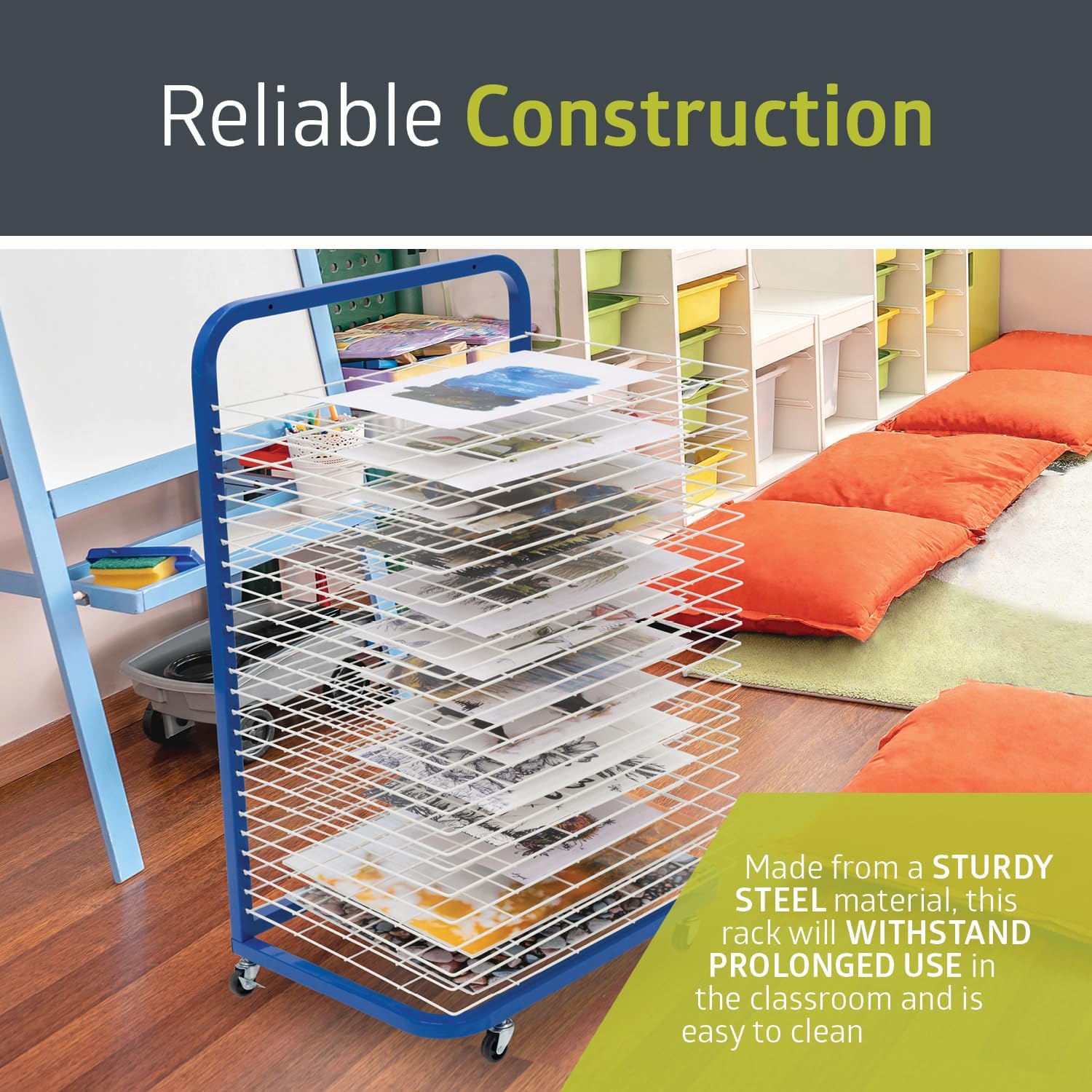 Pearington Mobile 25-Shelf Art Drying Rack for Classrooms and Art Studios. Heavy-Duty Steel Rolling Art Rack Cart with 25 Wide Shelves. Blue