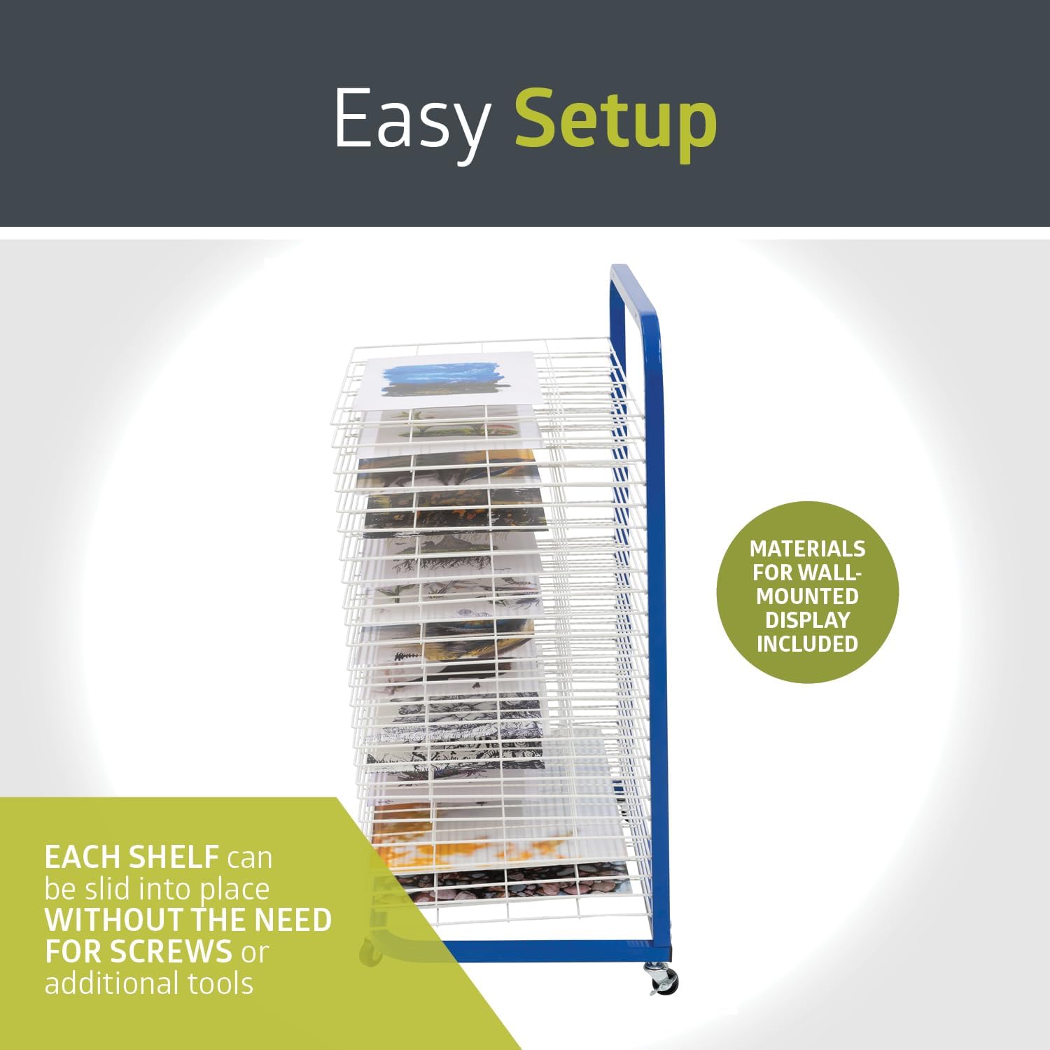 Pearington Mobile 25-Shelf Art Drying Rack for Classrooms and Art Studios. Heavy-Duty Steel Rolling Art Rack Cart with 25 Wide Shelves. Blue
