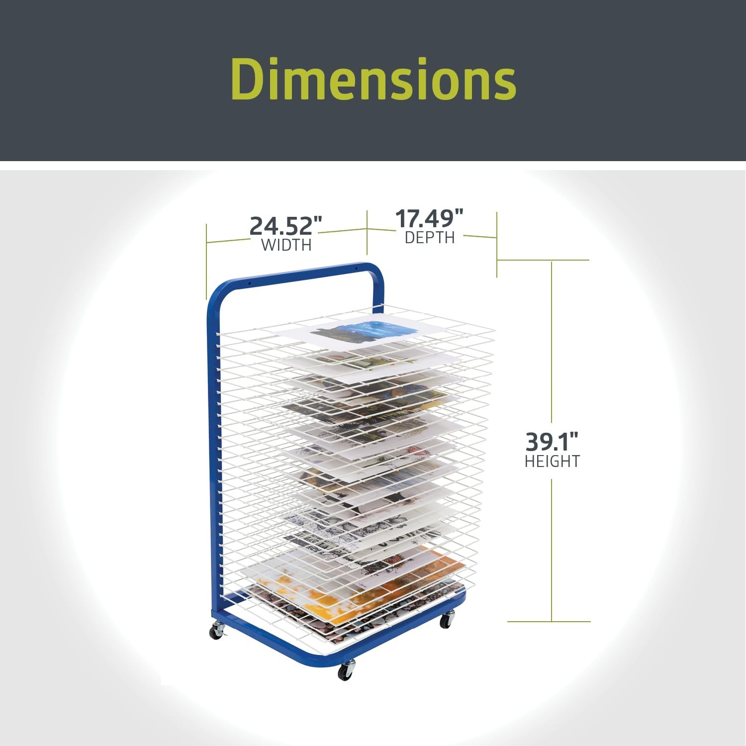 Pearington Mobile 25-Shelf Art Drying Rack for Classrooms and Art Studios. Heavy-Duty Steel Rolling Art Rack Cart with 25 Wide Shelves. Blue