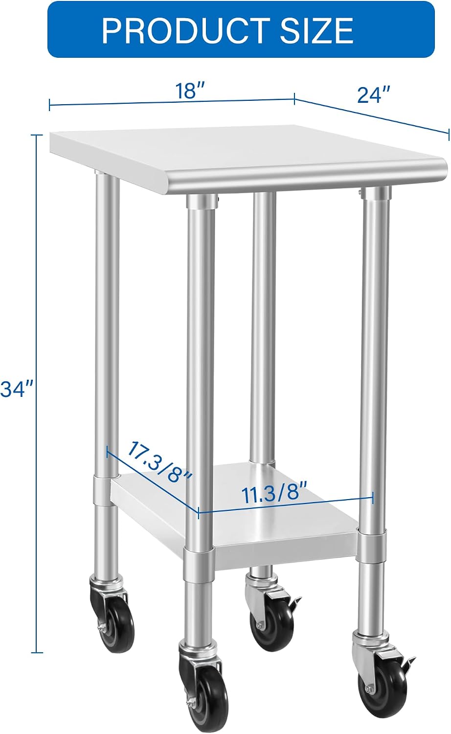 HARDURA Stainless Steel Commercial Table 24×18 Inches with Casters | Prep & Work Table. Heavy Duty Metal Table with Wheels. NSF 430