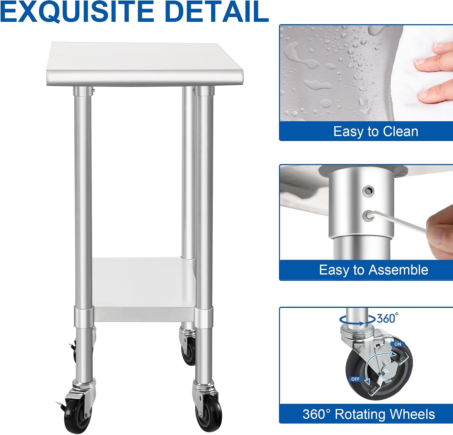 HARDURA Stainless Steel Commercial Table 24×18 Inches with Casters | Prep & Work Table. Heavy Duty Metal Table with Wheels. NSF 430