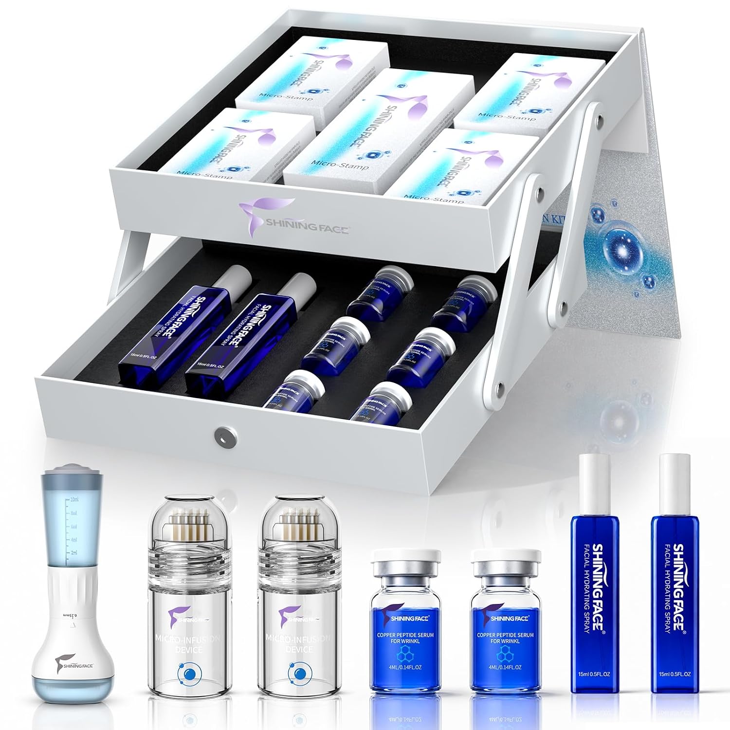 Micro-Infusion System for Face&Neck- 0.25mm Facial Stamp with Hydrating Spray and Blue Copper Peptide for Anti-Wrinkle&Firmer-looking.Easy 5-Minute At Home.Facial Kit for All Skin Types-3Month Supply