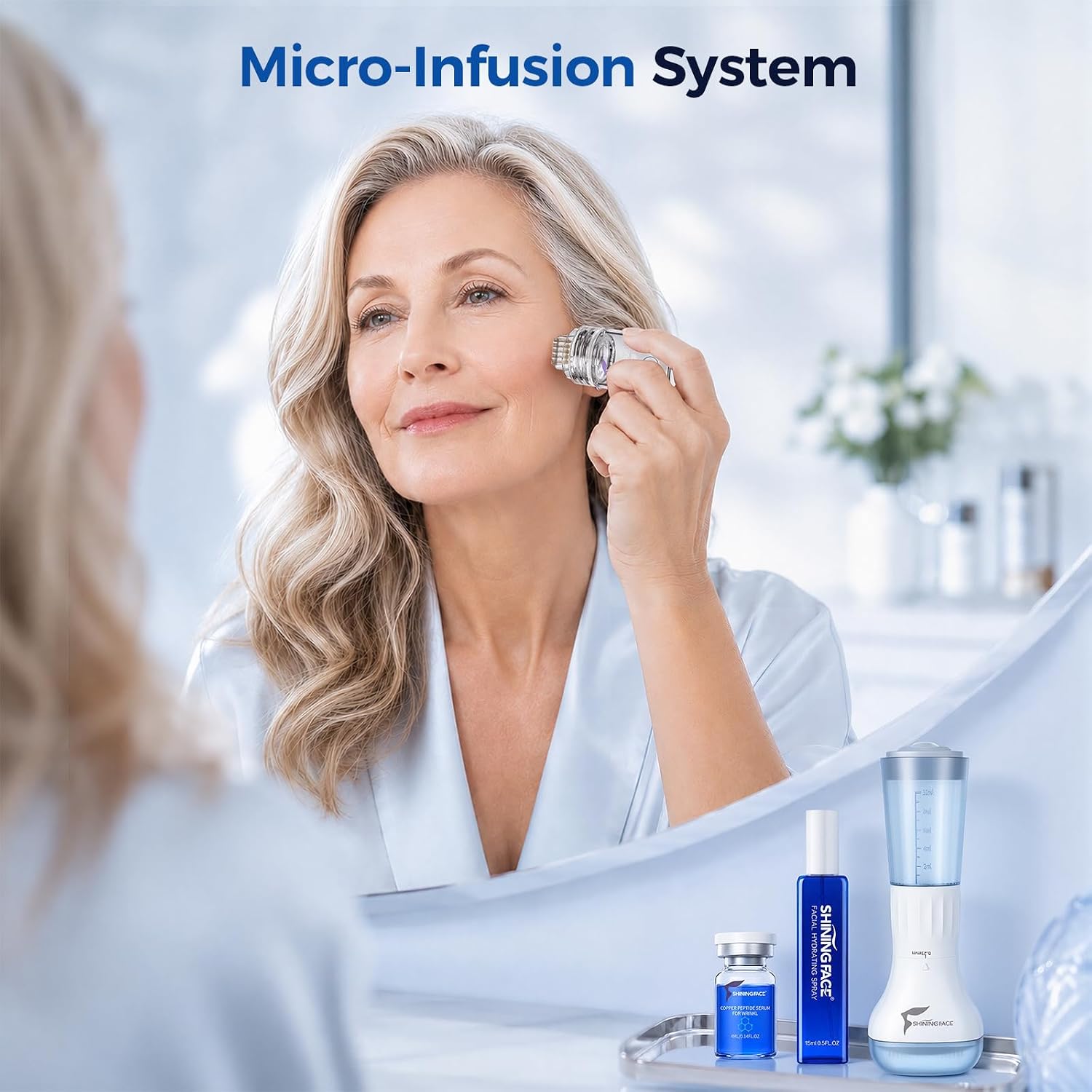 Micro-Infusion System for Face&Neck- 0.25mm Facial Stamp with Hydrating Spray and Blue Copper Peptide for Anti-Wrinkle&Firmer-looking.Easy 5-Minute At Home.Facial Kit for All Skin Types-3Month Supply