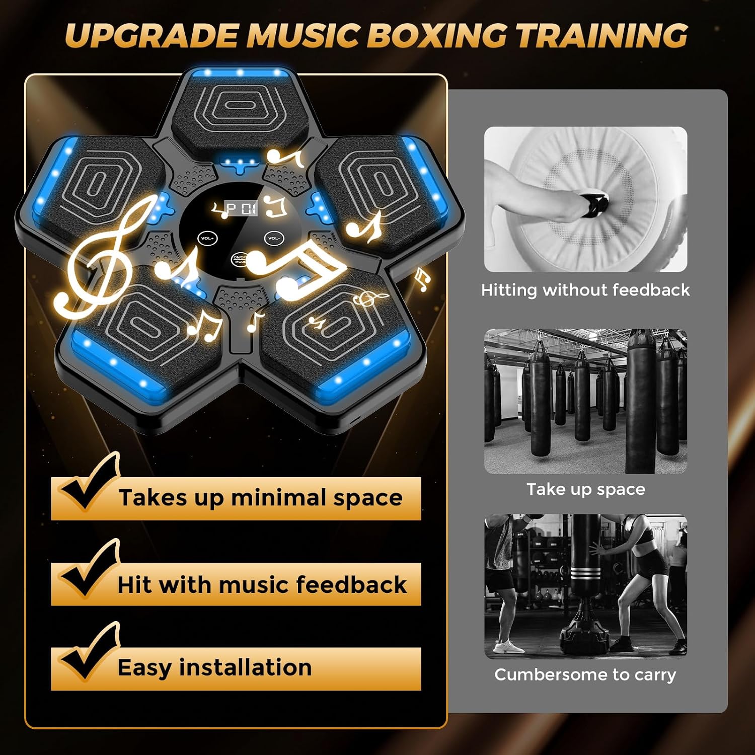 Music Boxing Machine. Wall Mounted Bluetooth Punching Pad with Gloves | Height Adjustable Easy Setup with 5 Levels for Adults and Kids. Bluetooth Music Boxing for All Groups at Home and Office
