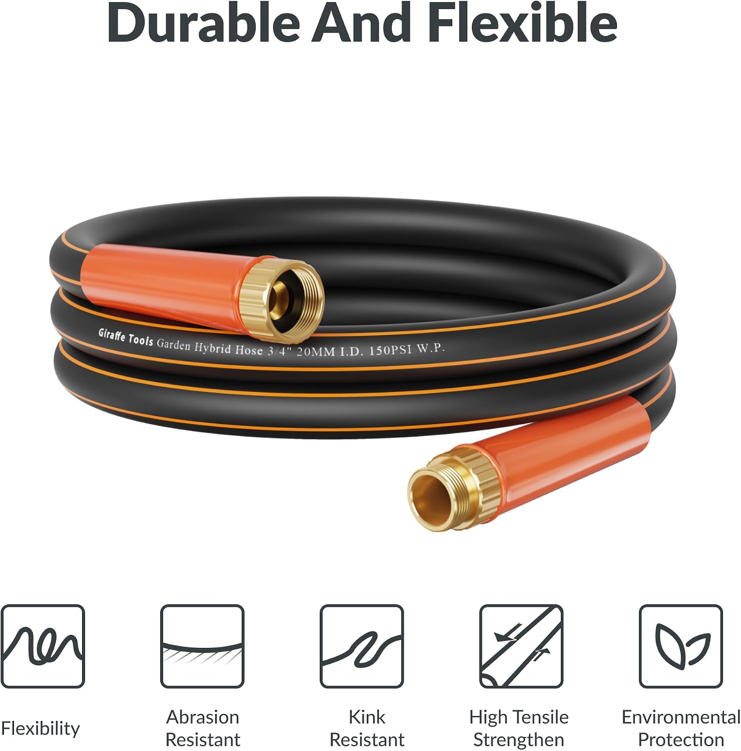 Giraffe Tools Garden Hose 100ft x 3/4 | Heavy Duty 3/4 Inch Water Hose. Flexible. Hybrid Lightweight Hose. Male to Female Fittings. Burst 600 PSI