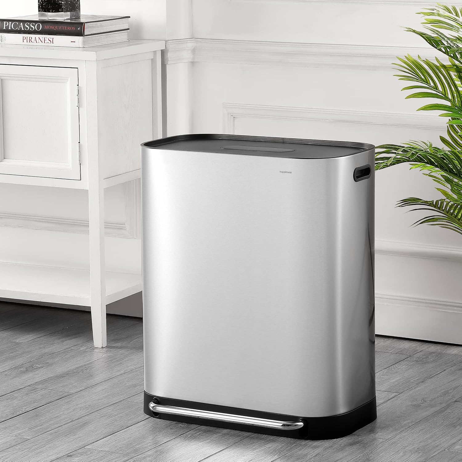 happimess Beni 16 Gal Double Bucket Step Trash Can. Platinum Silver | Stainless Steel. Soft Close Lid. Fingerprint Proof. Odor Filter. Side Scrap Bin. 23 W x 15 D x 27 H