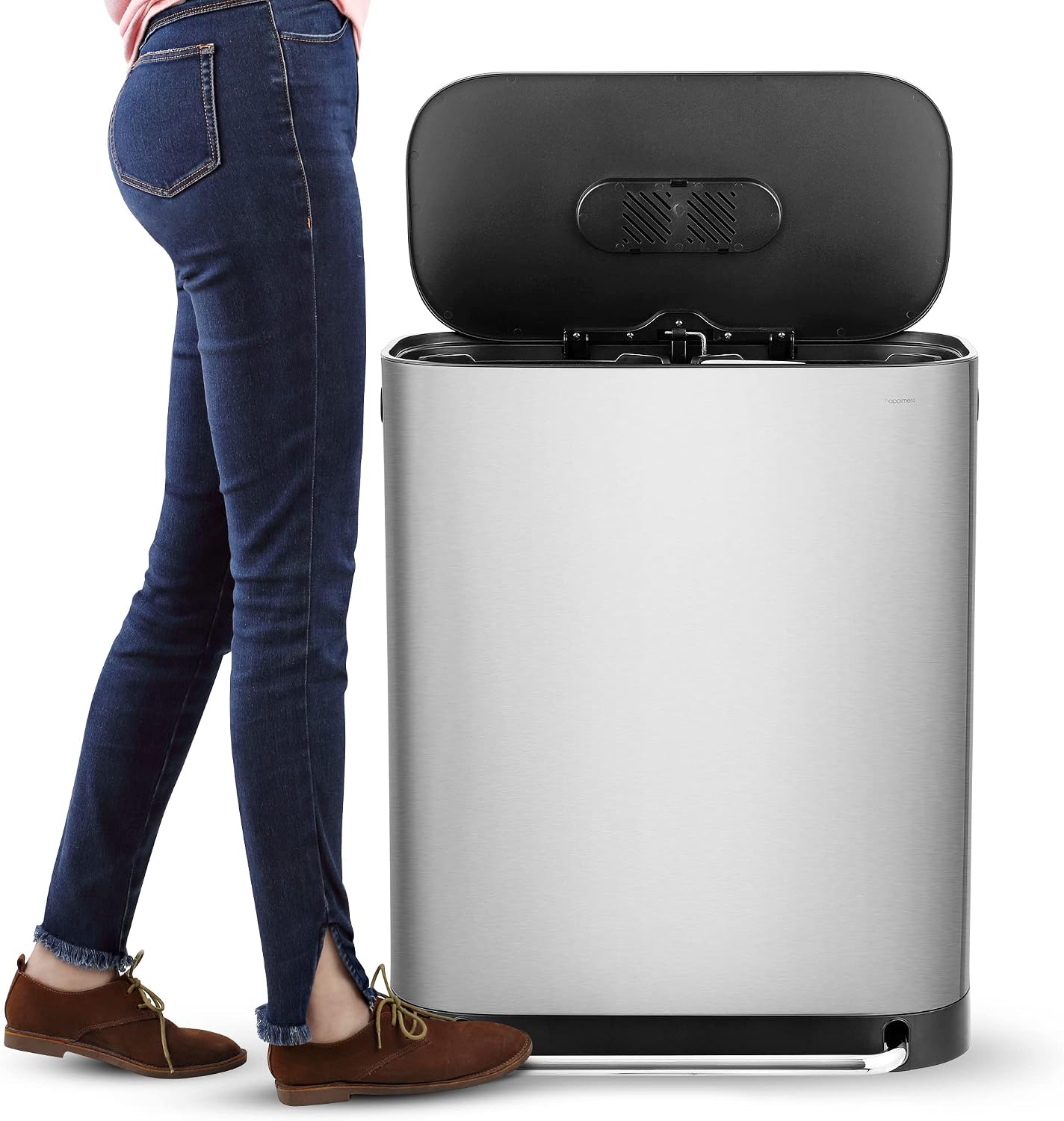 happimess Beni 16 Gal Double Bucket Step Trash Can. Platinum Silver | Stainless Steel. Soft Close Lid. Fingerprint Proof. Odor Filter. Side Scrap Bin. 23 W x 15 D x 27 H