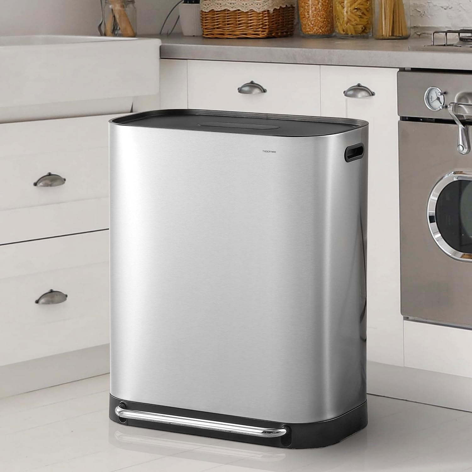 happimess Beni 16 Gal Double Bucket Step Trash Can. Platinum Silver | Stainless Steel. Soft Close Lid. Fingerprint Proof. Odor Filter. Side Scrap Bin. 23 W x 15 D x 27 H