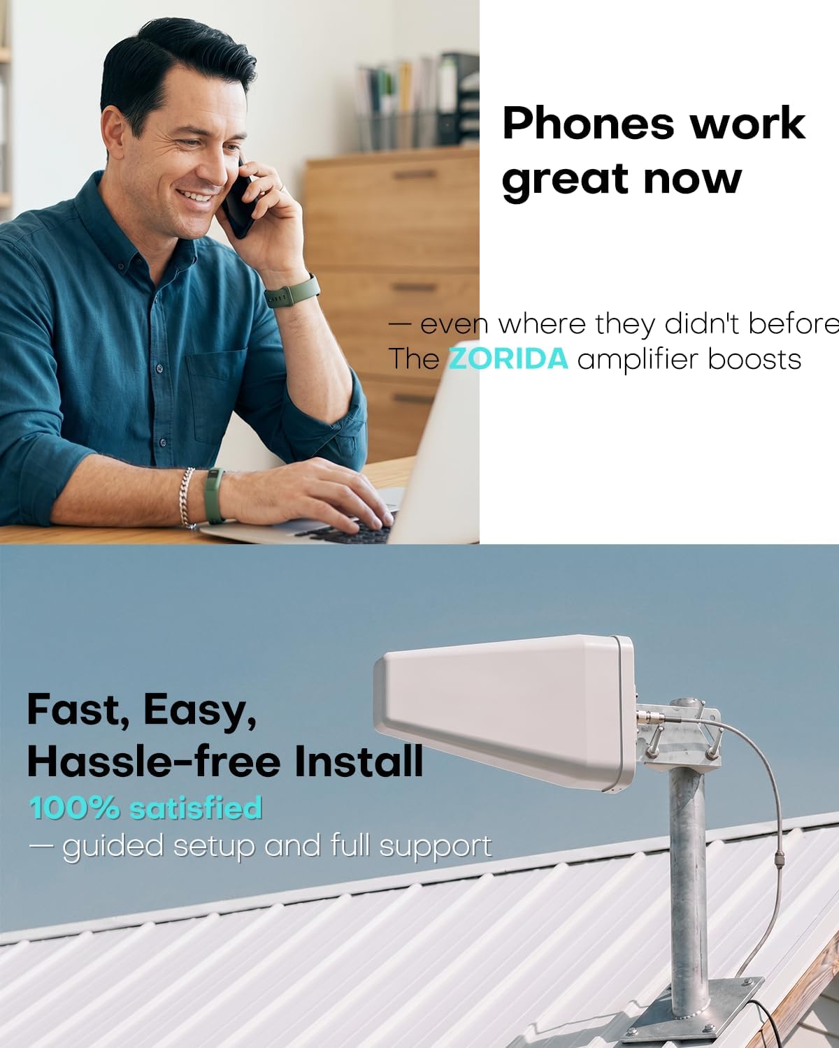 ZORIDA Cell Phone Signal Booster for All US Carriers. Boosts 5G 4G LTE 3G. Cell Phone Booster 72dB High Gain Antennas. Cellular Signal Booster Verizon. AT&T. T-Mobile. App Support FCC Approved