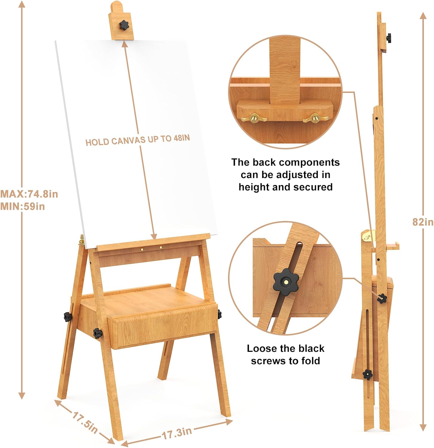 Large Beech Wood H-Frame Easel.Painting Easel with Storage Drawer.Up to 36 | Multi-Function Studio Easel. Professional Foldable Artist Easel Stand for Painting. Holds Canvas Art up to 36