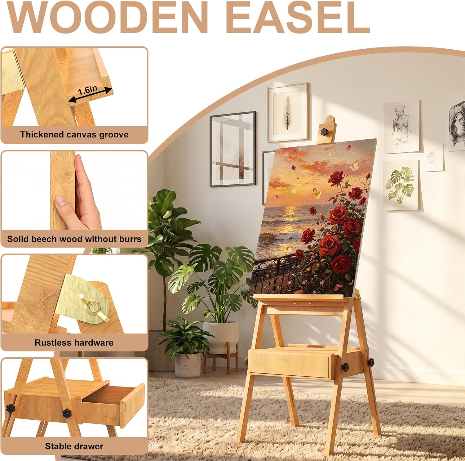 Large Beech Wood H-Frame Easel.Painting Easel with Storage Drawer.Up to 36 | Multi-Function Studio Easel. Professional Foldable Artist Easel Stand for Painting. Holds Canvas Art up to 36