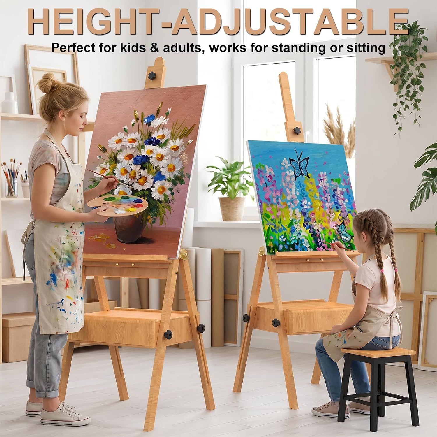 Large Beech Wood H-Frame Easel.Painting Easel with Storage Drawer.Up to 36 | Multi-Function Studio Easel. Professional Foldable Artist Easel Stand for Painting. Holds Canvas Art up to 36