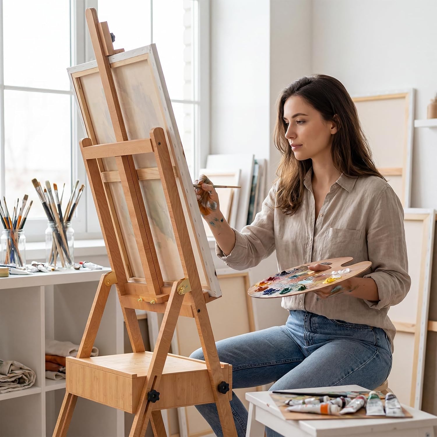 Large Beech Wood H-Frame Easel.Painting Easel with Storage Drawer.Up to 36 | Multi-Function Studio Easel. Professional Foldable Artist Easel Stand for Painting. Holds Canvas Art up to 36