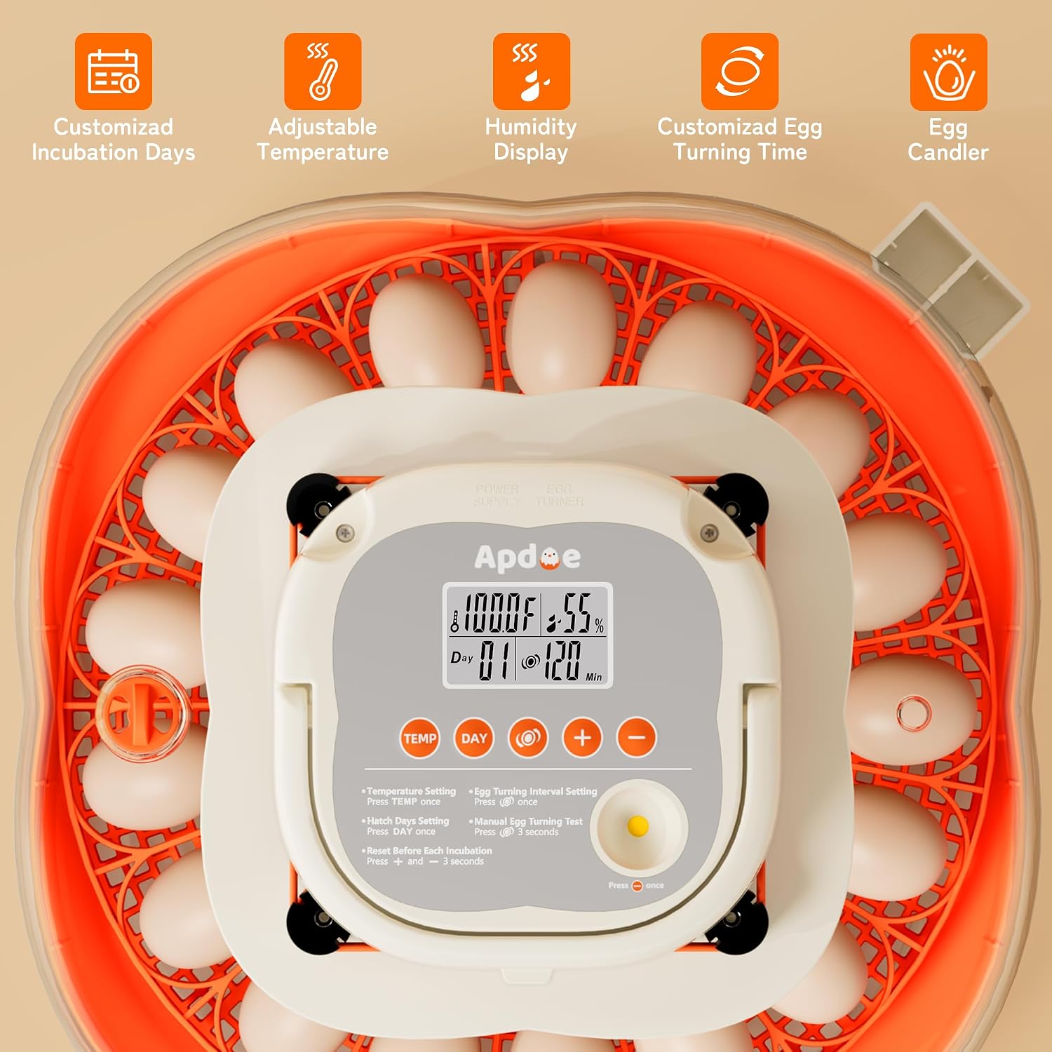 APDOE Egg Incubators for Hatching Eggs. Temperature and Humidity Control. Automatic Egg Turning. Egg Candler. External Water Bottle. Air Vent. for Chicken. Duck & Quail Eggs. 25 Eggs