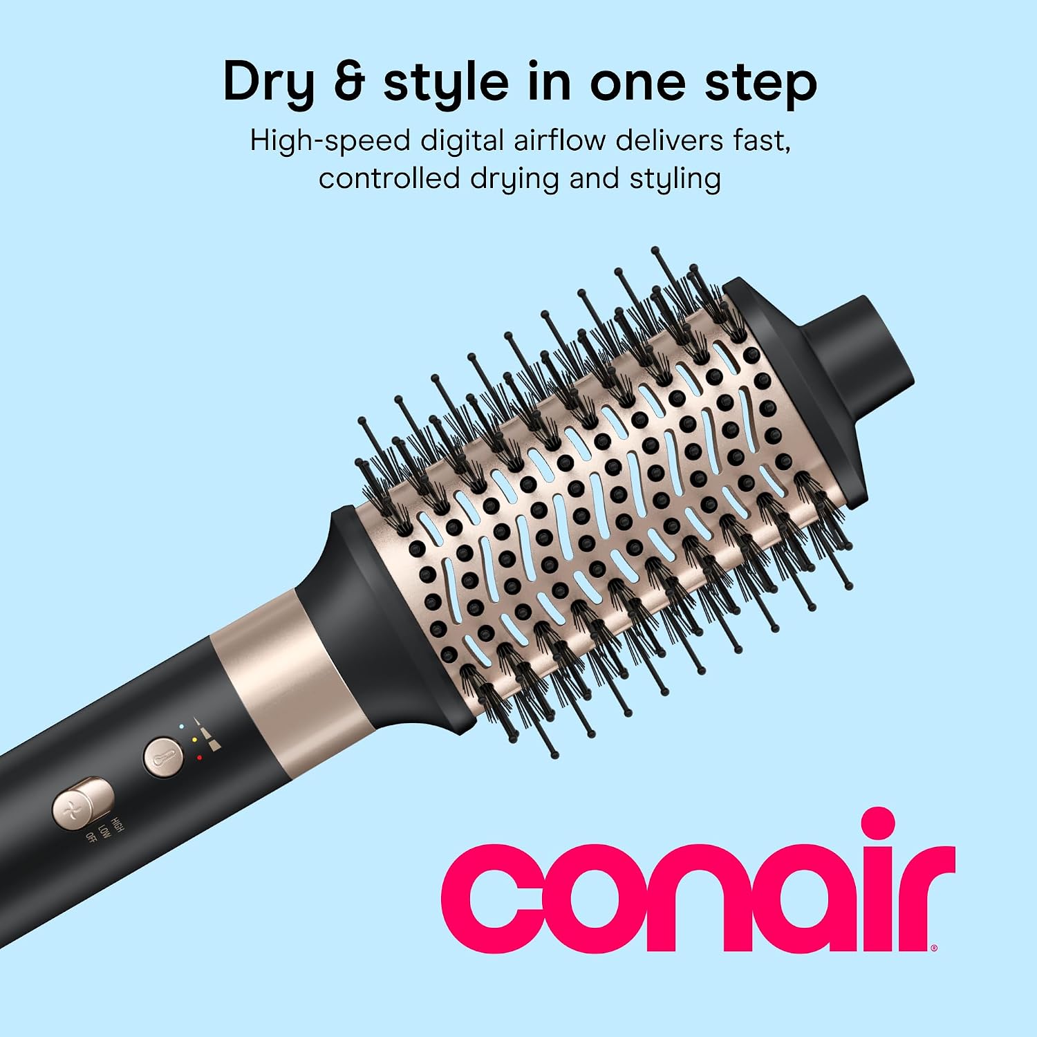 Conair DigitalAire Hot Air Styling System. 4 Attachments. Ionic Technology | Multi-styler with high-speed brushless motor. set includes curling wand. round brush. paddle brush. and drying nozzle