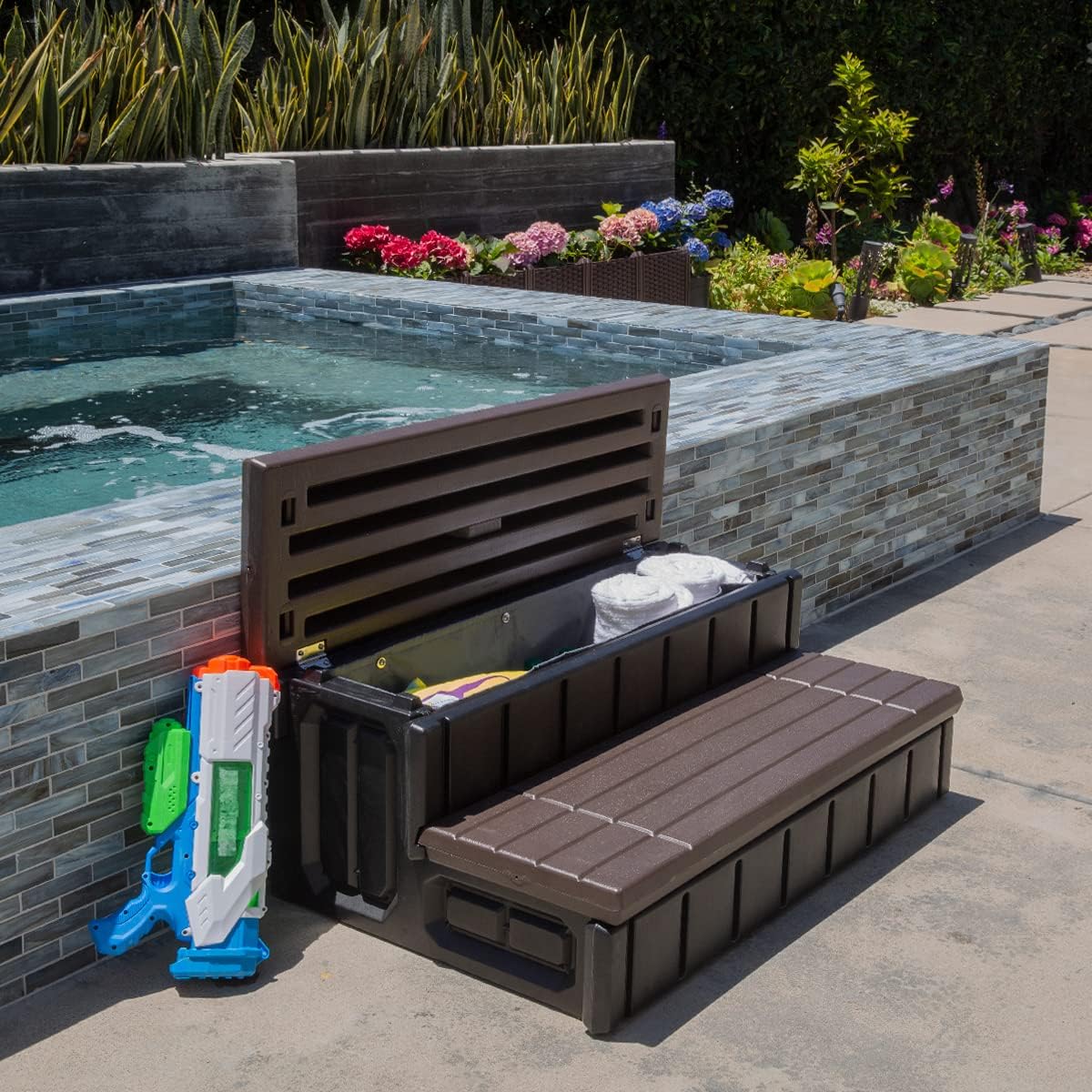 XtremepowerUS Universal 2 Slip-Resistant Spa & Hot Tub Step Outdoor Indoor Stool Pool Ladder Compartment Spa Step 36 Inches Long with Storage. Brown/Black