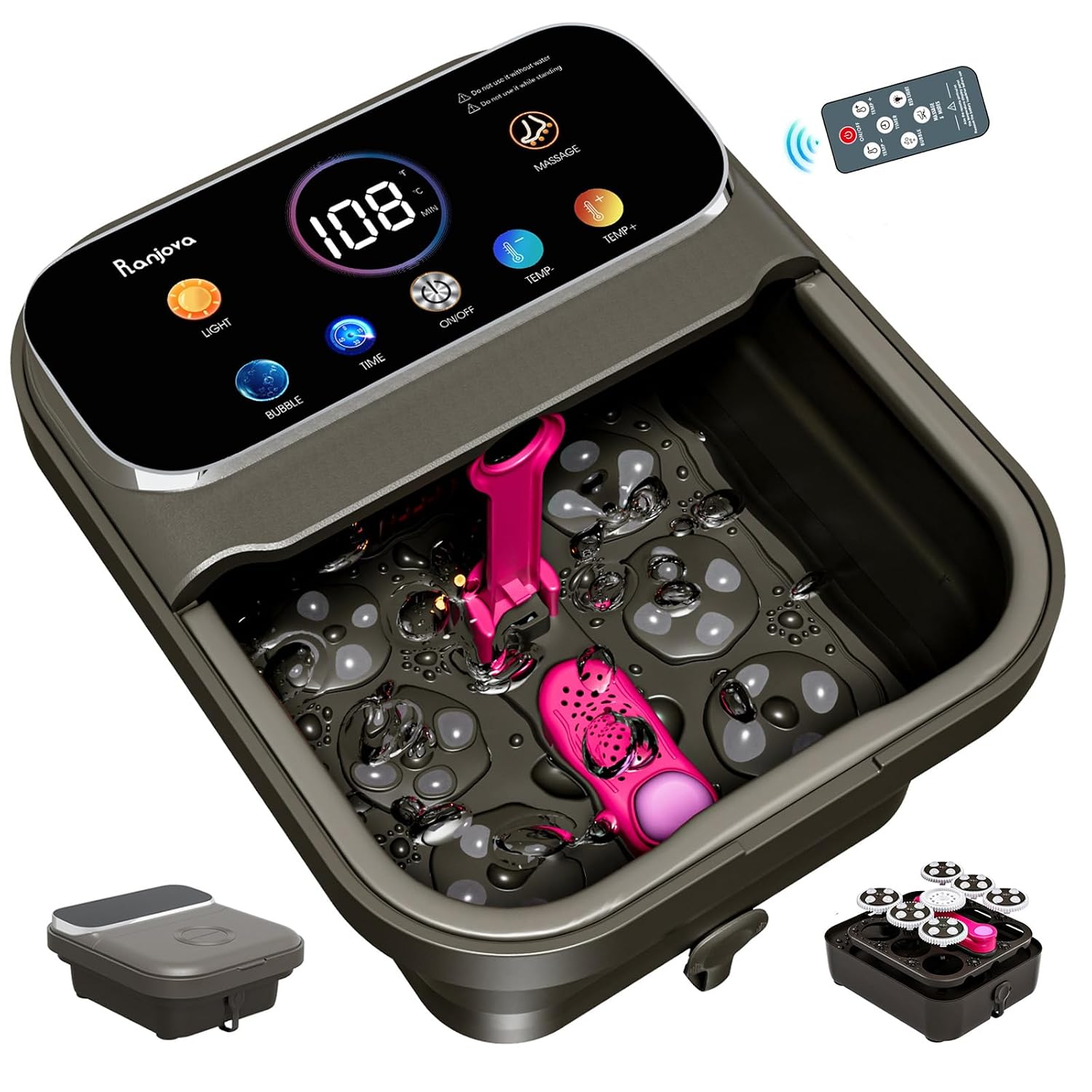 Ranjova Foot Spa Electric Rotary Massage with Heat.Bubble.Remote Control | Foot Bath Massager with Color TouchScreen. Adjustable Temp and 24 Motorized Shiatsu Massage Balls (Dark Grey)
