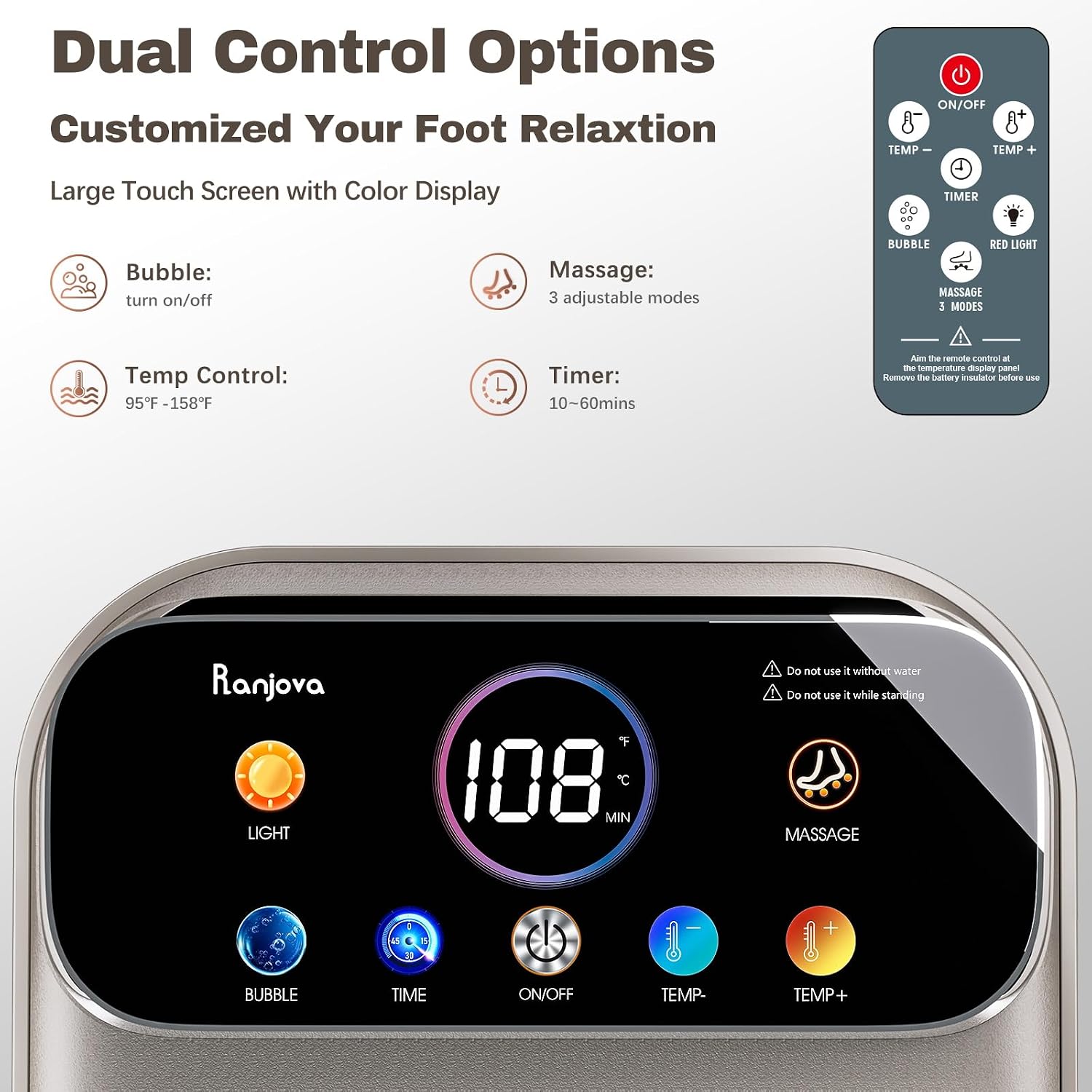 Ranjova Foot Spa Electric Rotary Massage with Heat.Bubble.Remote Control | Foot Bath Massager with Color TouchScreen. Adjustable Temp and 24 Motorized Shiatsu Massage Balls (Dark Grey)