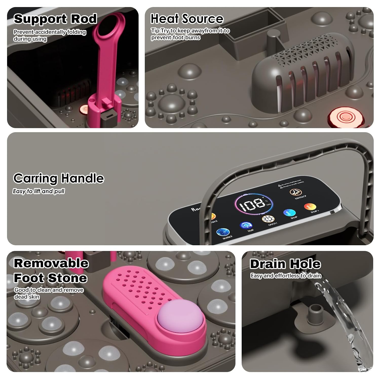 Ranjova Foot Spa Electric Rotary Massage with Heat.Bubble.Remote Control | Foot Bath Massager with Color TouchScreen. Adjustable Temp and 24 Motorized Shiatsu Massage Balls (Dark Grey)