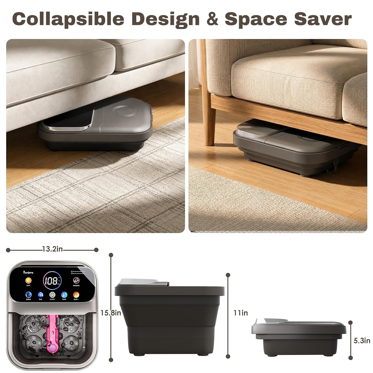 Ranjova Foot Spa Electric Rotary Massage with Heat.Bubble.Remote Control | Foot Bath Massager with Color TouchScreen. Adjustable Temp and 24 Motorized Shiatsu Massage Balls (Dark Grey)