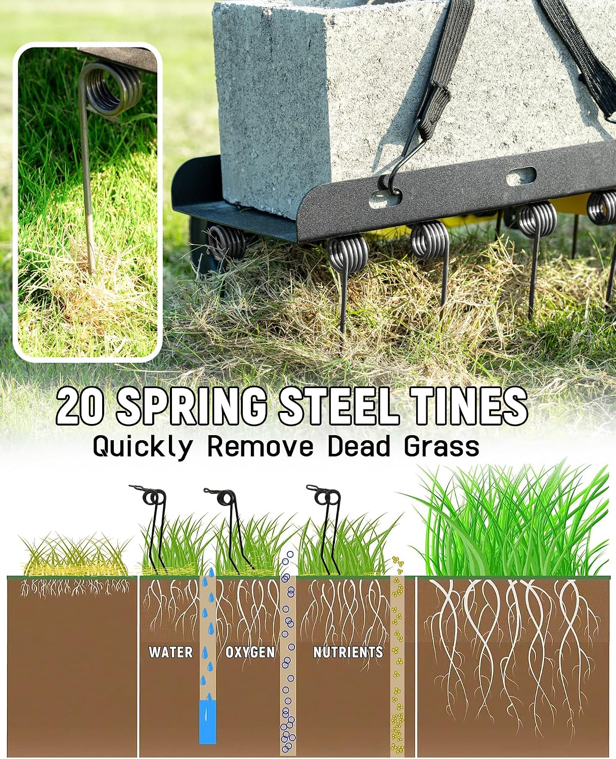 BlumeTrec Tow Behind Dethatcher. Pull Behind Lawn Dethatcher with Spring Steel Tines. Grass Dethatcher. Removes Thatch. Riding Lawn Tractor for Large Lawns. Yard and Garden Care. 40 Inch