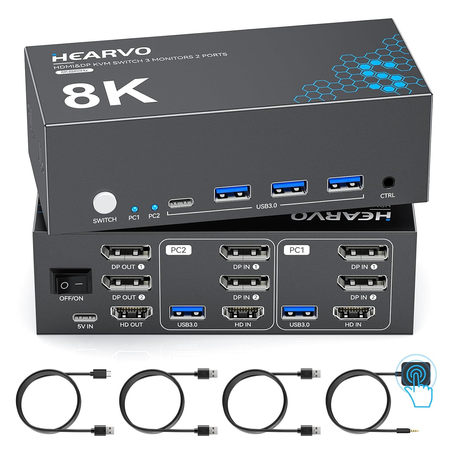 Hearvo KVM Switch 3 Monitor 2 Computers. 2 DisplayPort + HDMI | Supports 8K@60Hz / 4K@144Hz. USB 3.0 Sharing Hub. HDCP 2.3. Wired Remote. EDID Adaptive – S7241PH3