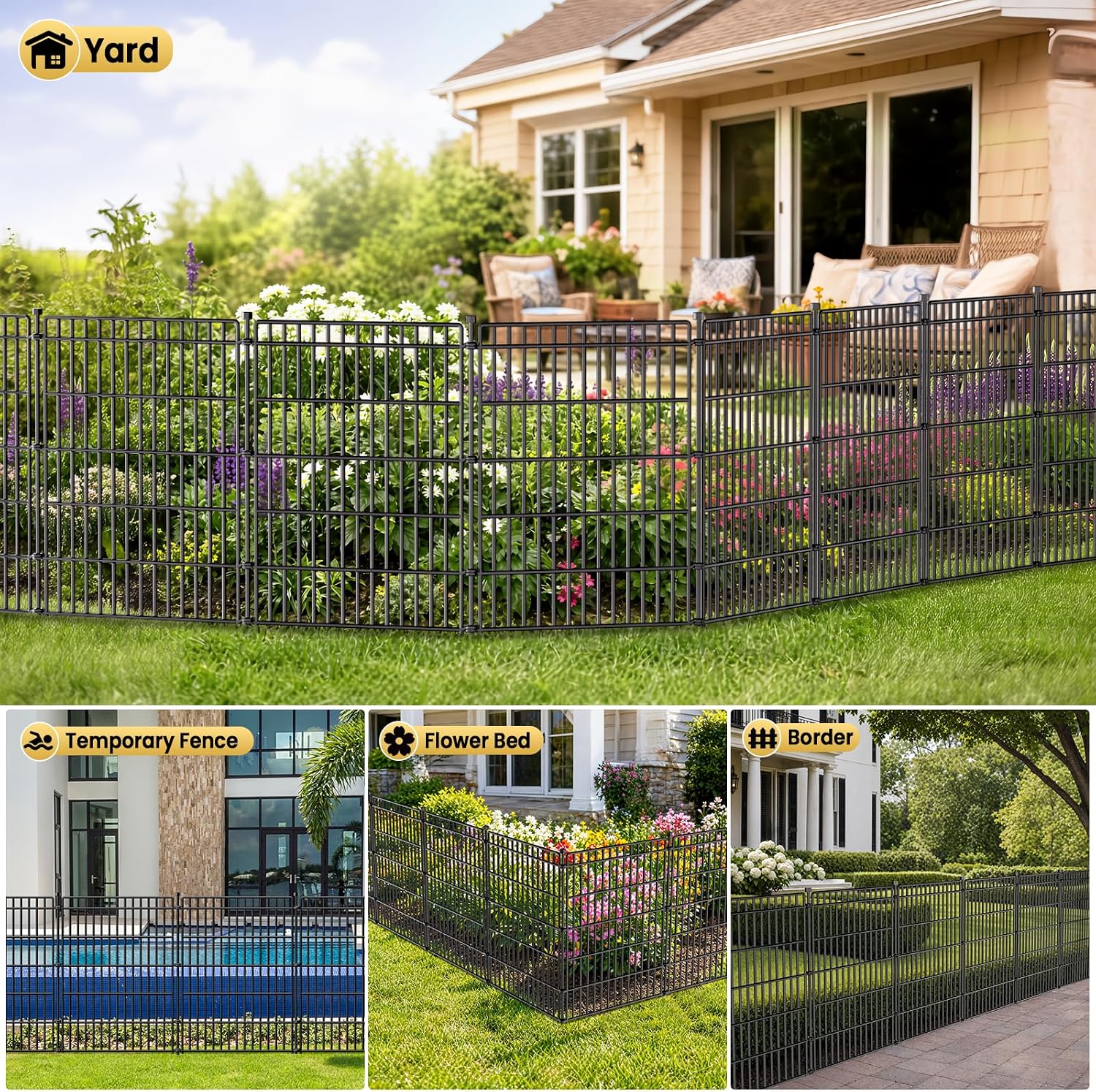 No Dig Garden Fence. Dog Fencing Outdoor for Yard. 10 Panels with Gate | 48in(H) × 23.6ft(L) Rustproof Metal Animal Barrier Fence for Gardens. Patios and Decorative Flower Beds. Temporary Fencing