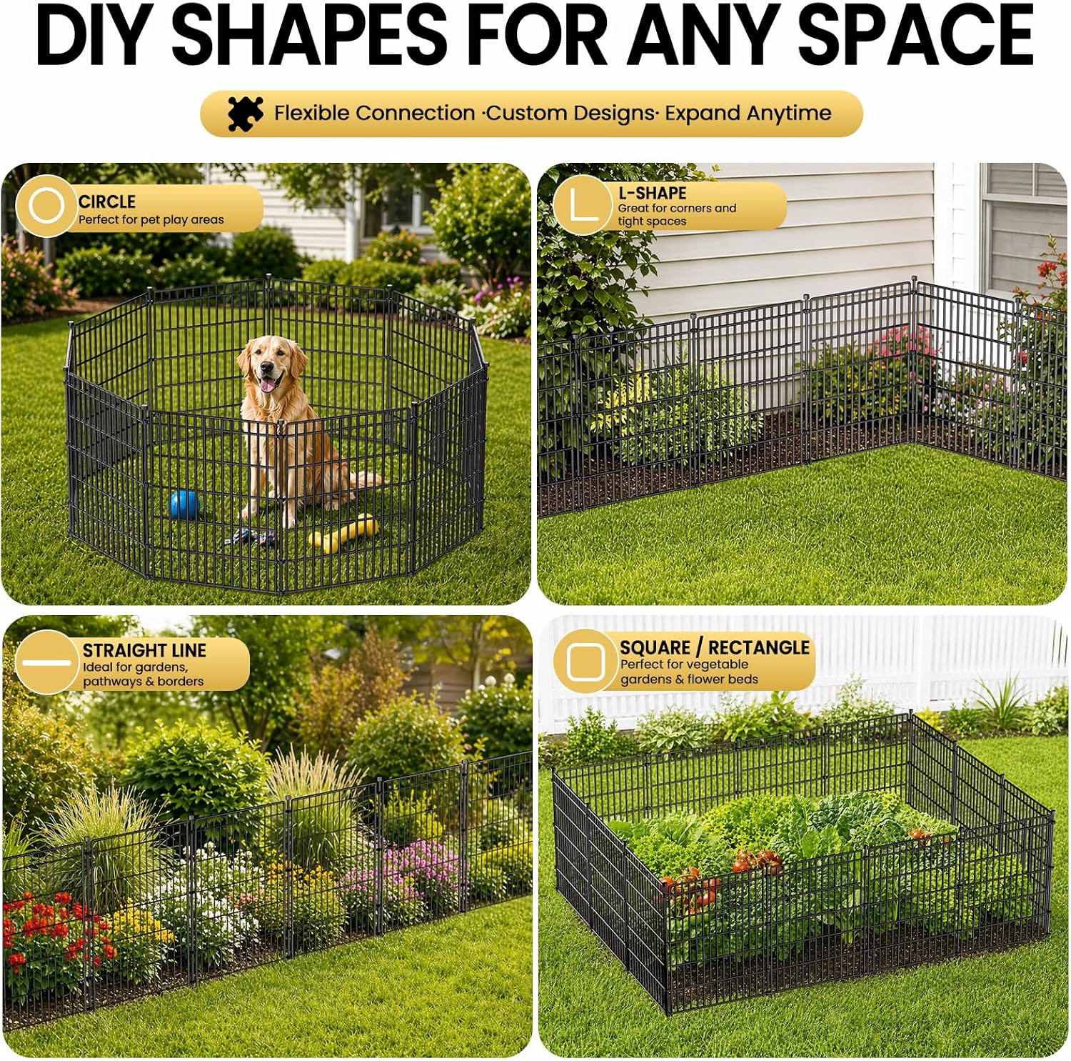 No Dig Garden Fence. Dog Fencing Outdoor for Yard. 10 Panels with Gate | 48in(H) × 23.6ft(L) Rustproof Metal Animal Barrier Fence for Gardens. Patios and Decorative Flower Beds. Temporary Fencing