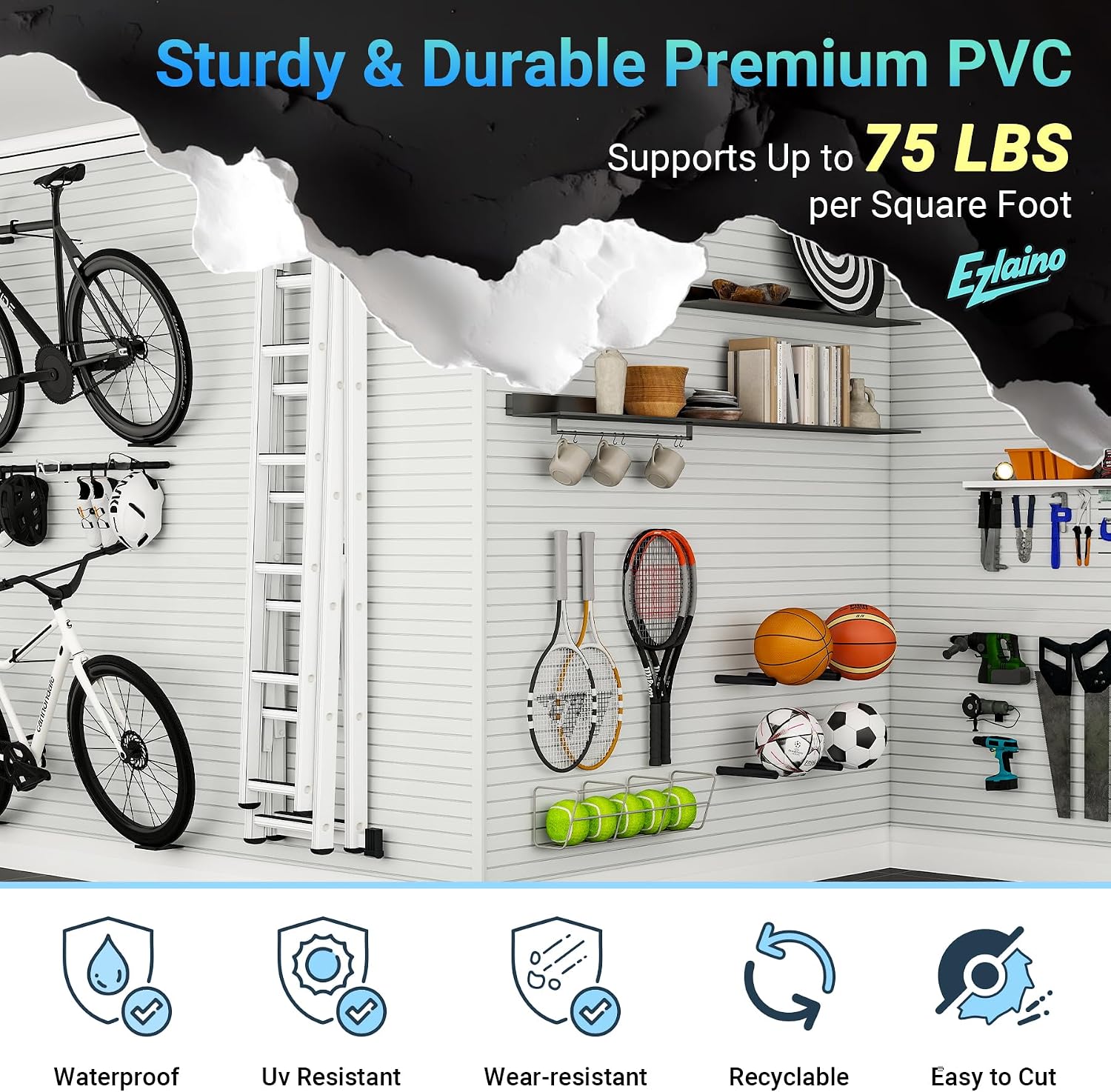 Ezlaino Slatwall 4 FT x 8 FT. PVC Slat Wall Paneling Garage Wall Organizer | Upgraded & Thickened for Long-Lasting Durability. Compatible with Slatwall Accessories. For Garage Storage & Display. White