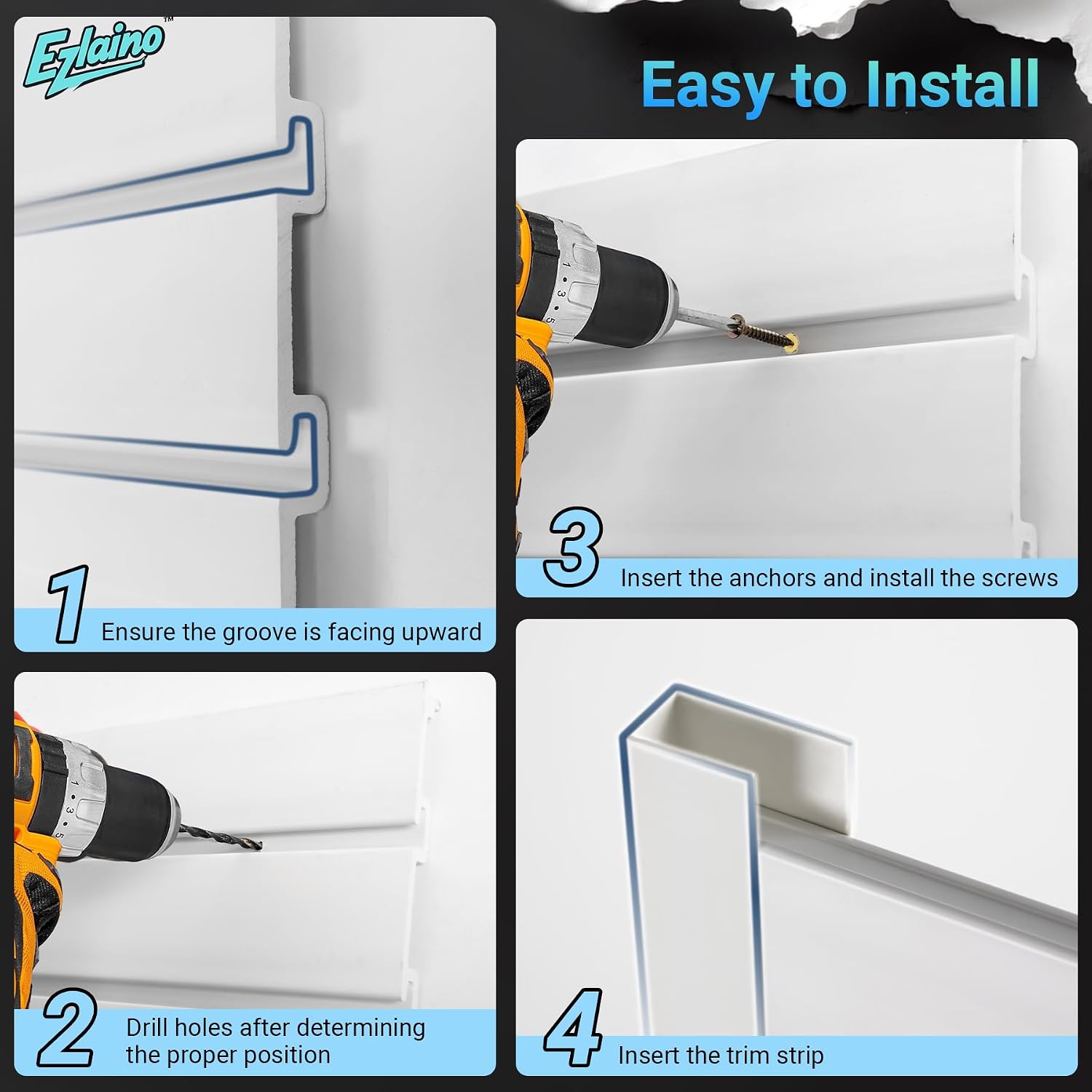 Ezlaino Slatwall 4 FT x 8 FT. PVC Slat Wall Paneling Garage Wall Organizer | Upgraded & Thickened for Long-Lasting Durability. Compatible with Slatwall Accessories. For Garage Storage & Display. White