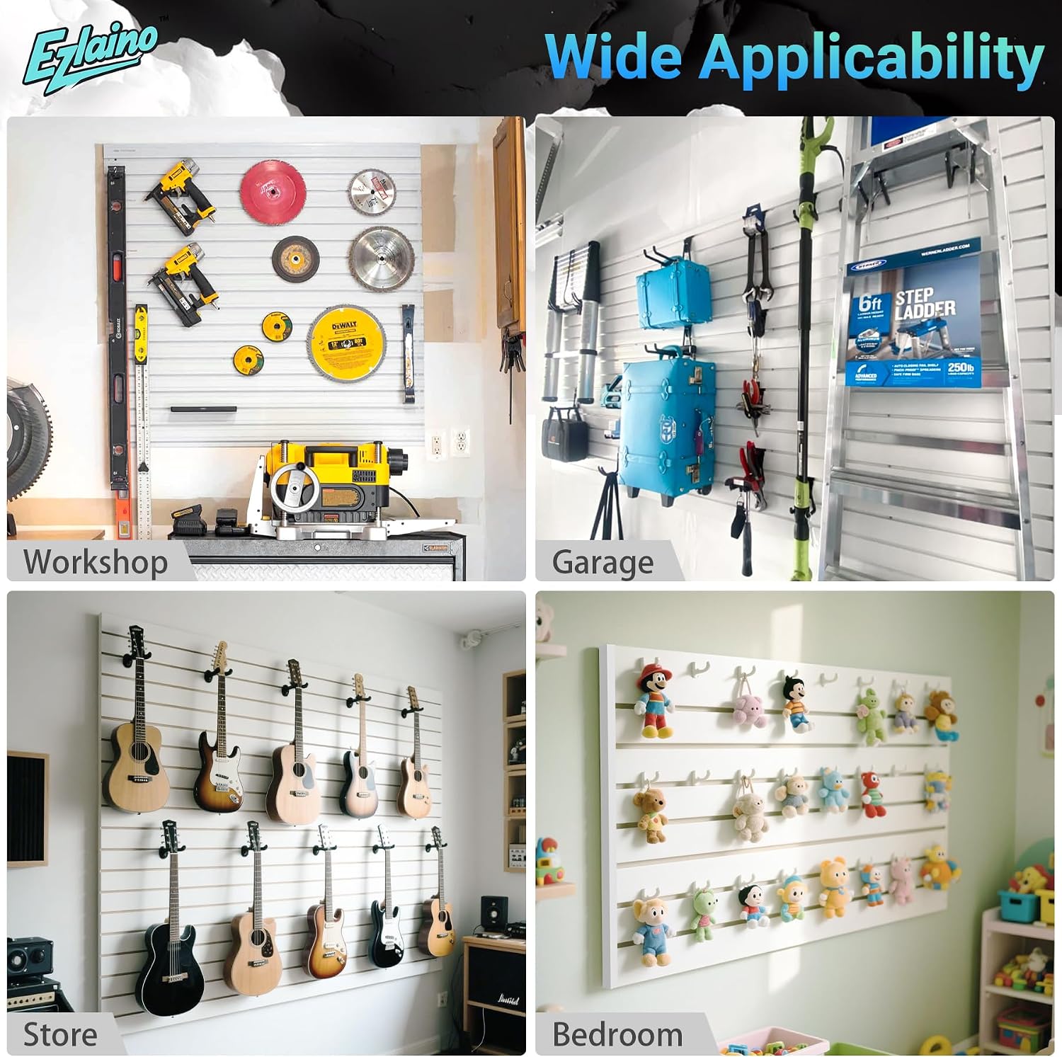 Ezlaino Slatwall 4 FT x 8 FT. PVC Slat Wall Paneling Garage Wall Organizer | Upgraded & Thickened for Long-Lasting Durability. Compatible with Slatwall Accessories. For Garage Storage & Display. White