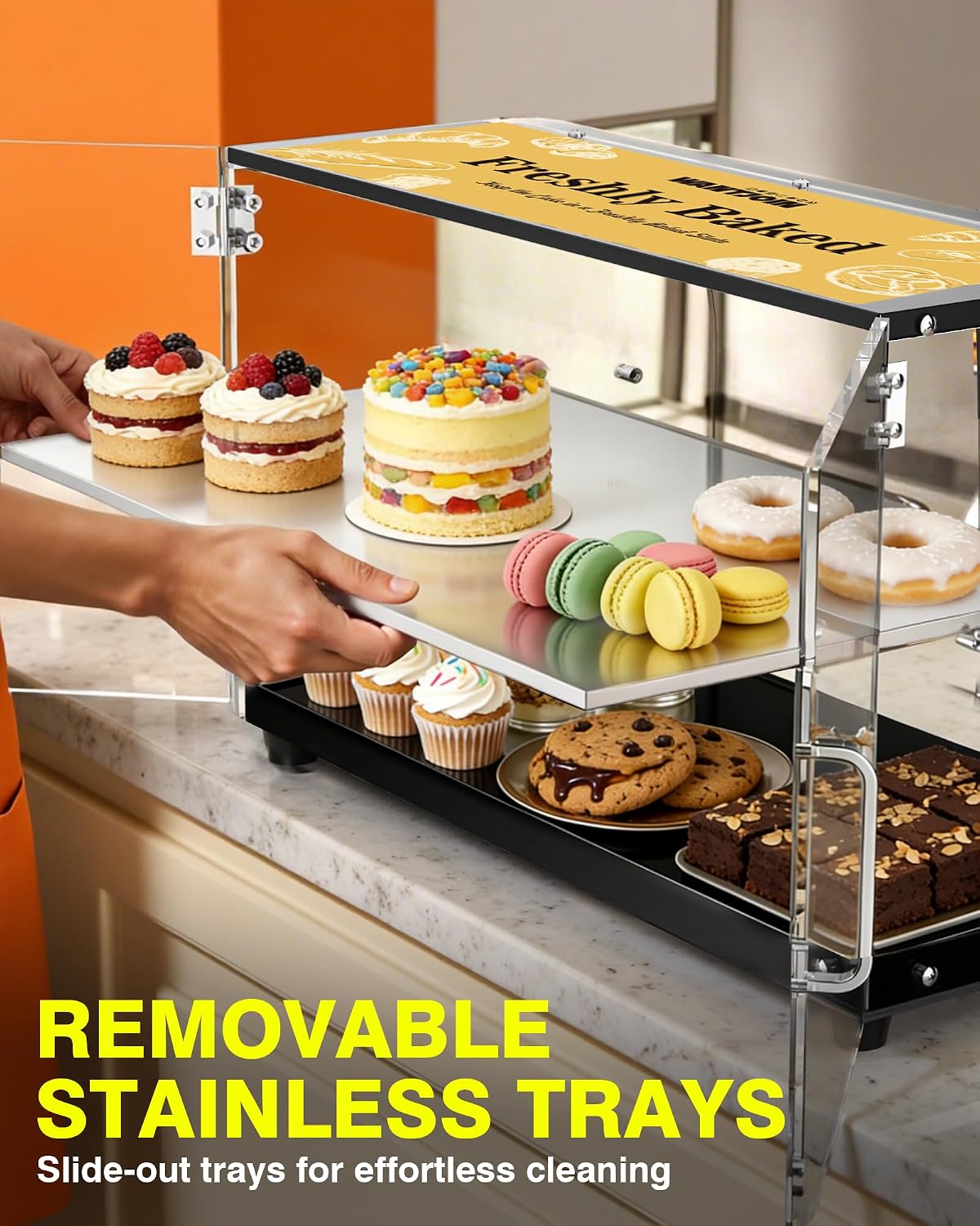 WantJoin Pastry Display Case. 22-inch 2-Tier Countertop Display Case with Magnetic Doors & 3 Trays. Acrylic Commercial Food Display for Bakery. Bread. Dessert. Cake Shop