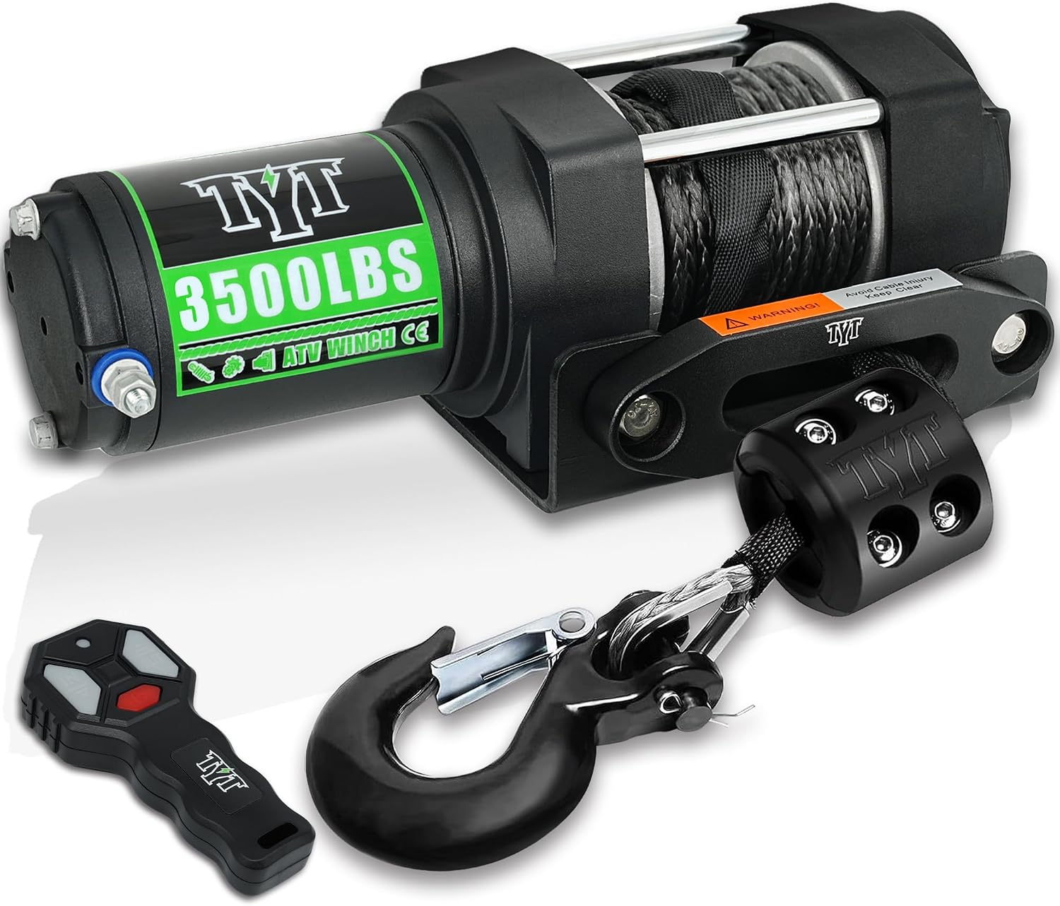 TYT 3500 lb ATV Winch with Wireless Remote and Wired Switch. 12V DC Electric Winch 7/32x 30FT Synthetic Winch Rope with Fairlead and Winch Mounting Plate