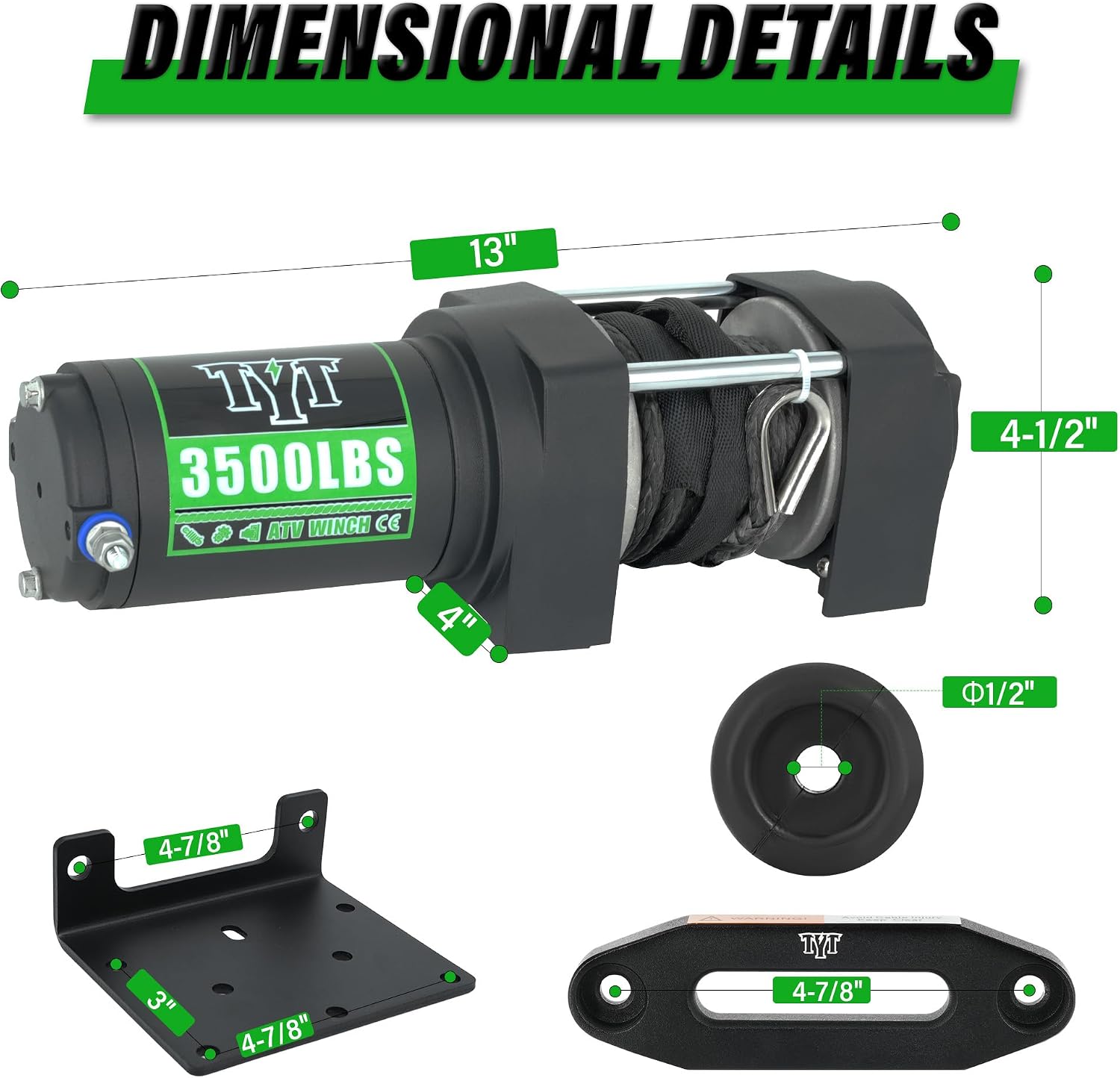 TYT 3500 lb ATV Winch with Wireless Remote and Wired Switch. 12V DC Electric Winch 7/32x 30FT Synthetic Winch Rope with Fairlead and Winch Mounting Plate