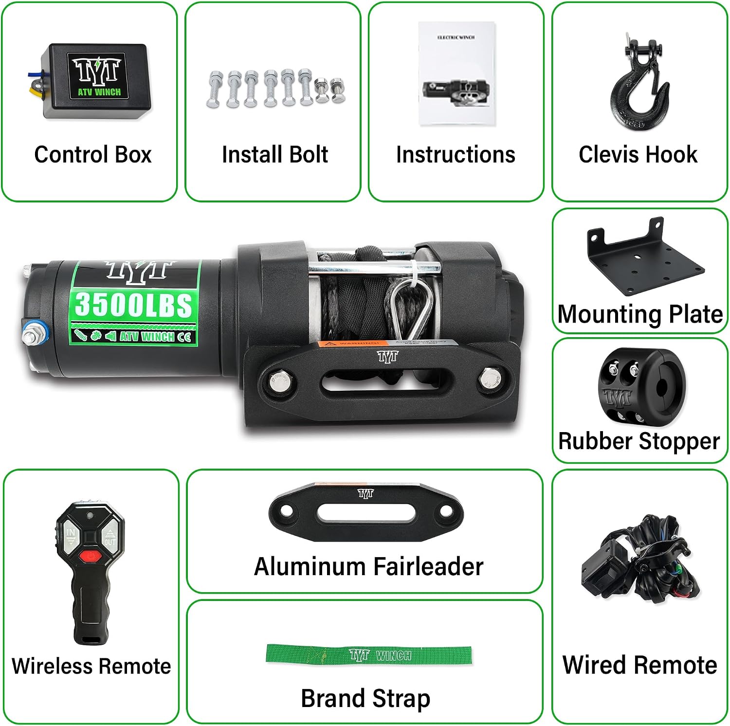 TYT 3500 lb ATV Winch with Wireless Remote and Wired Switch. 12V DC Electric Winch 7/32x 30FT Synthetic Winch Rope with Fairlead and Winch Mounting Plate