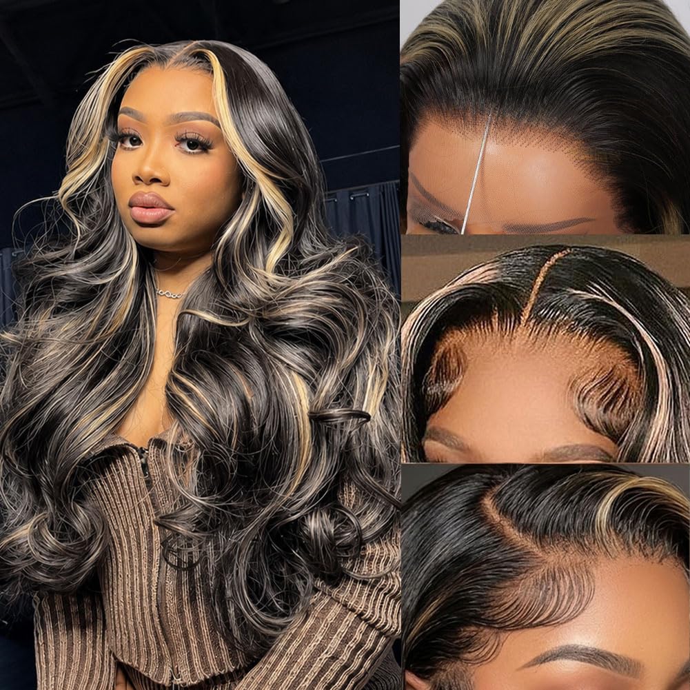 Balayage Ombre Highlight Body Wave 13x6 Lace Front Wigs Human Hair 26 Inch | 13x6 HD Transparent Lace Frontal. 1B/27 Black & Blonde Wigs. 180% Density. Pre Plucked with Baby Hair. Glueless for Women