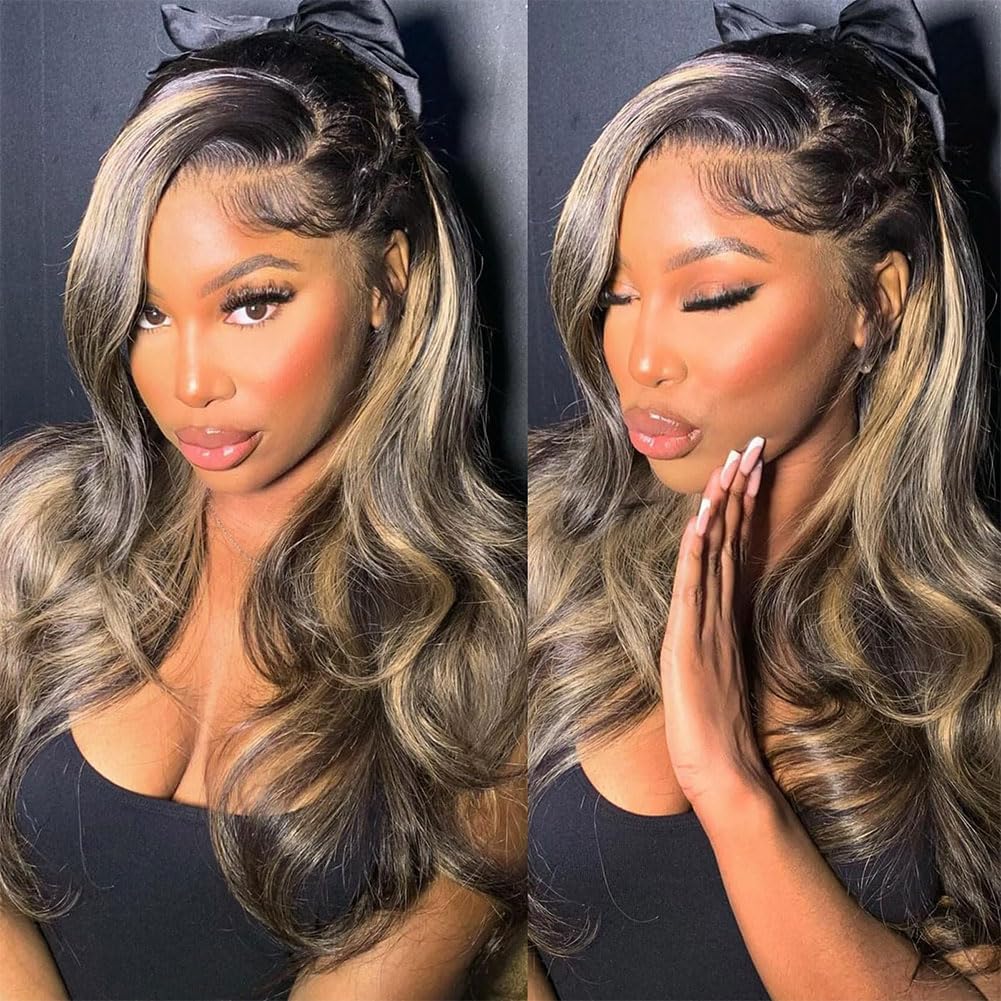 Balayage Ombre Highlight Body Wave 13x6 Lace Front Wigs Human Hair 26 Inch | 13x6 HD Transparent Lace Frontal. 1B/27 Black & Blonde Wigs. 180% Density. Pre Plucked with Baby Hair. Glueless for Women