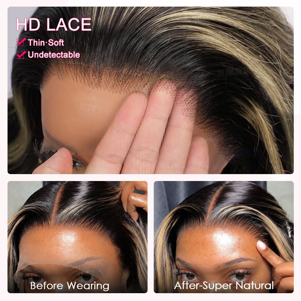 Balayage Ombre Highlight Body Wave 13x6 Lace Front Wigs Human Hair 26 Inch | 13x6 HD Transparent Lace Frontal. 1B/27 Black & Blonde Wigs. 180% Density. Pre Plucked with Baby Hair. Glueless for Women