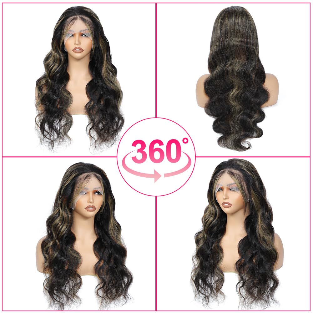 Balayage Ombre Highlight Body Wave 13x6 Lace Front Wigs Human Hair 26 Inch | 13x6 HD Transparent Lace Frontal. 1B/27 Black & Blonde Wigs. 180% Density. Pre Plucked with Baby Hair. Glueless for Women