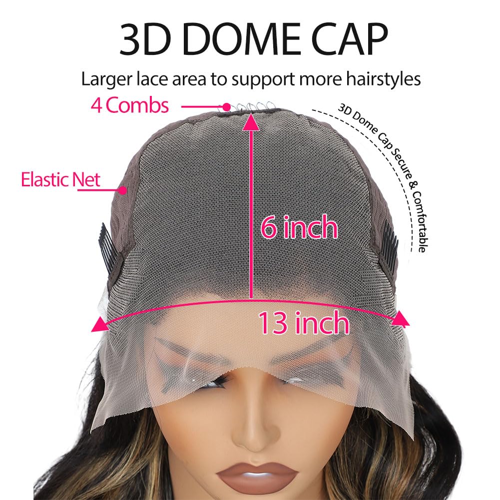 Balayage Ombre Highlight Body Wave 13x6 Lace Front Wigs Human Hair 26 Inch | 13x6 HD Transparent Lace Frontal. 1B/27 Black & Blonde Wigs. 180% Density. Pre Plucked with Baby Hair. Glueless for Women