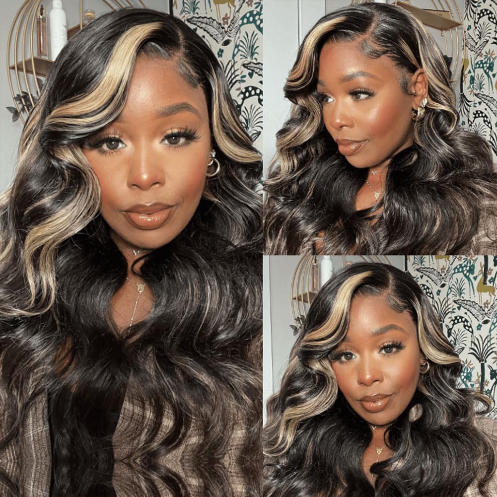 Balayage Ombre Highlight Body Wave 13x6 Lace Front Wigs Human Hair 26 Inch | 13x6 HD Transparent Lace Frontal. 1B/27 Black & Blonde Wigs. 180% Density. Pre Plucked with Baby Hair. Glueless for Women