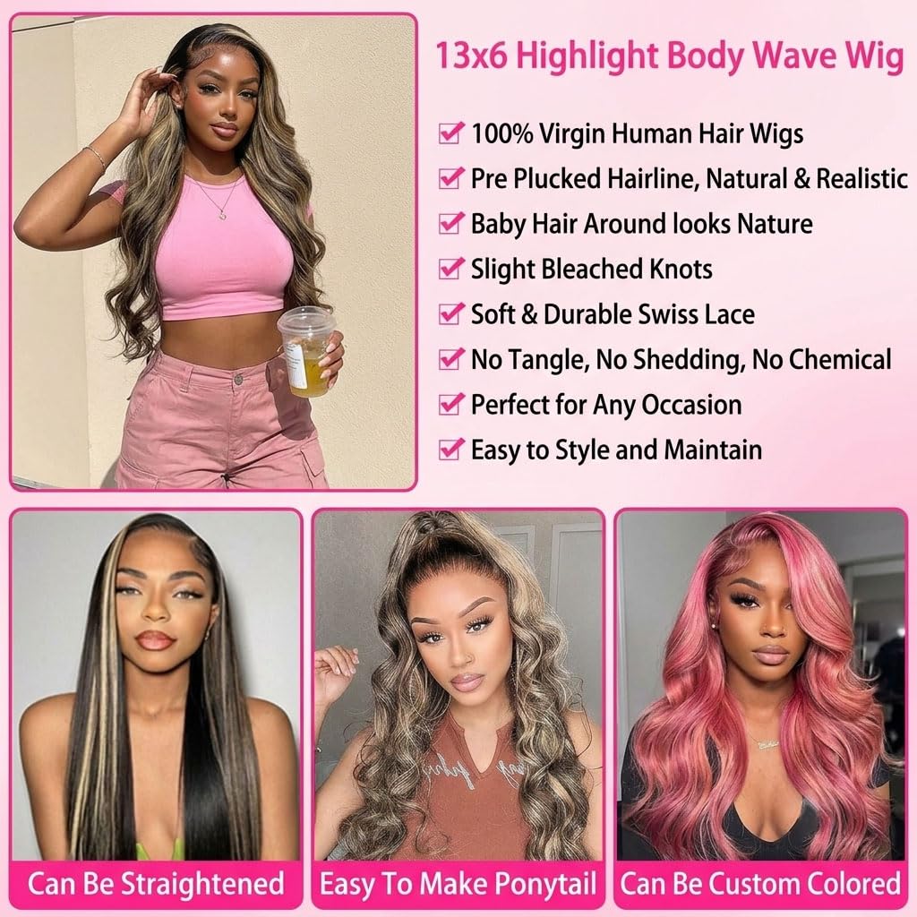 Balayage Ombre Highlight Body Wave 13x6 Lace Front Wigs Human Hair 26 Inch | 13x6 HD Transparent Lace Frontal. 1B/27 Black & Blonde Wigs. 180% Density. Pre Plucked with Baby Hair. Glueless for Women