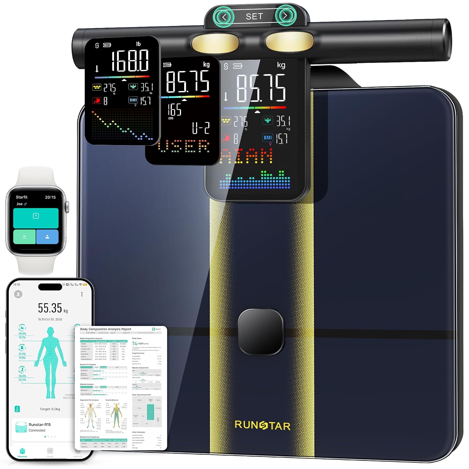 RunStar Smart Scale for Body Weight with Set-Function Handle. 50+ Metrics | 8-Electrode High Accuracy Digital Bathroom Scale. Sync Fitness APP. Voice Prompt. Full Body Analysis Report. 400lb. BlueBlack